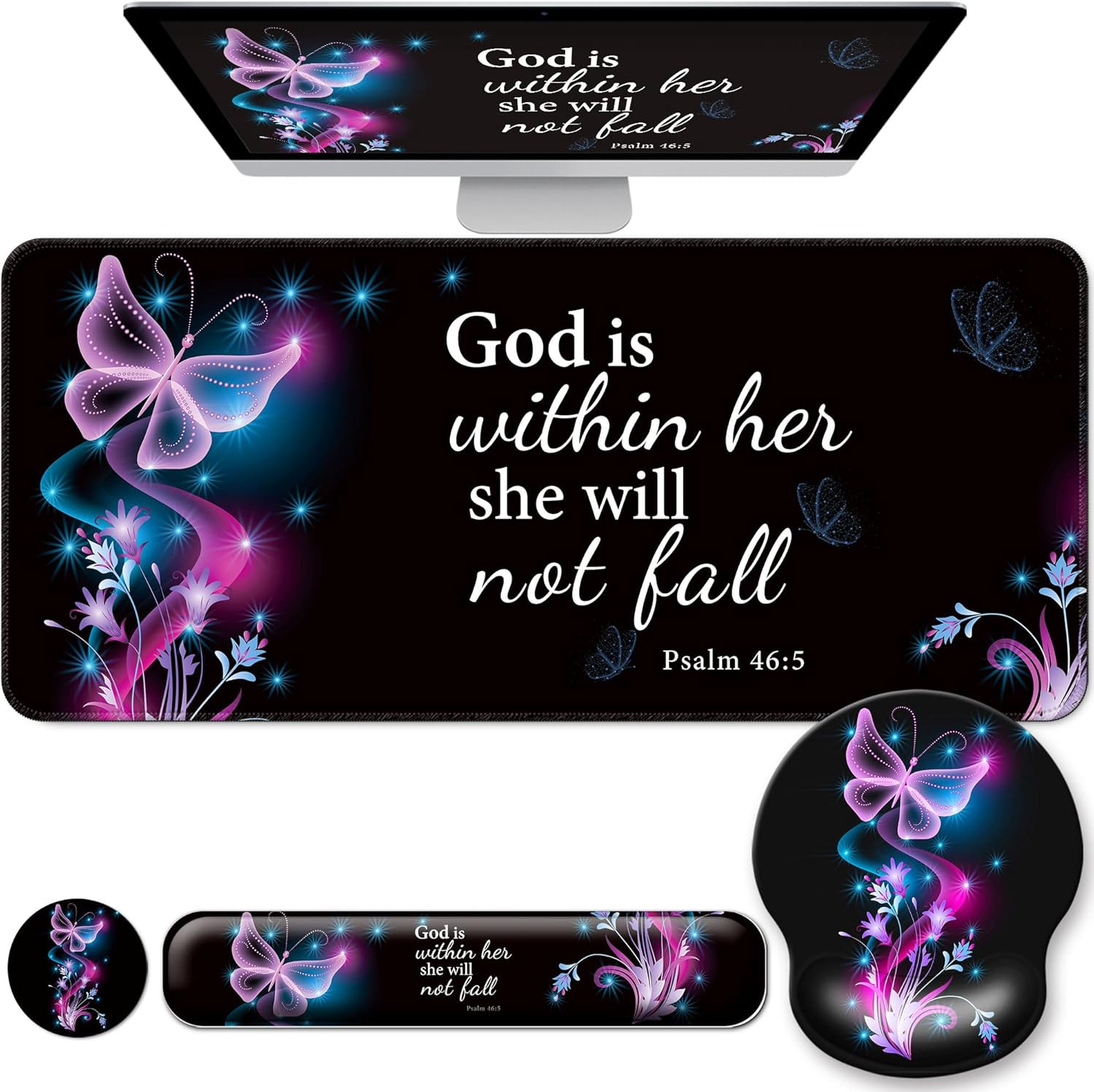 4 in 1 Desk Mat Set Keyboard and Mouse Pad with Wrist Rest Purple Butterflies