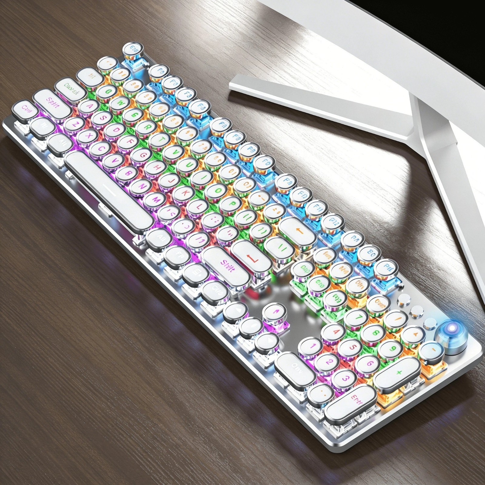 Retro Typewriter Mechanical Keyboard Wired Round Keycaps Rainbow Backlit Knob