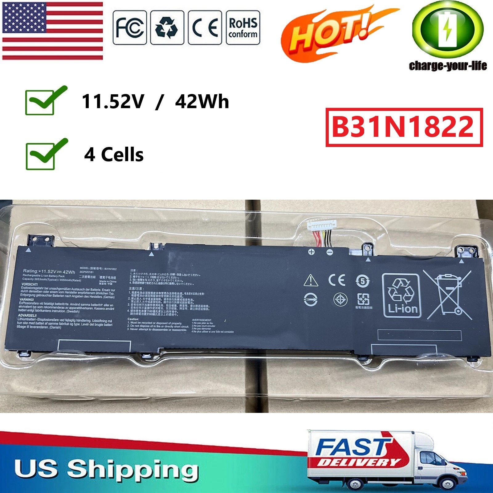B31N1822 Battery 42Wh For ASUS ZenBook Flip 14 Q406 UX462 UX462D UX462DA Series