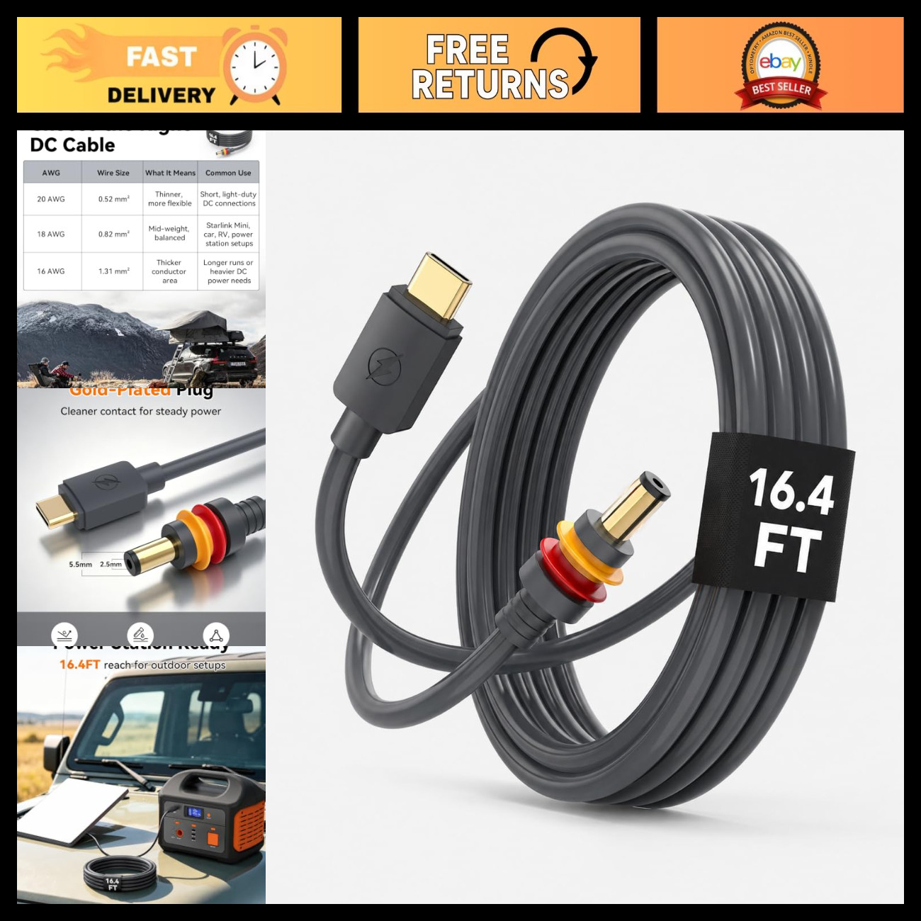 16.4FT USB-C to DC Power Cable for Starlink Mini | High-Speed Charging, Durable