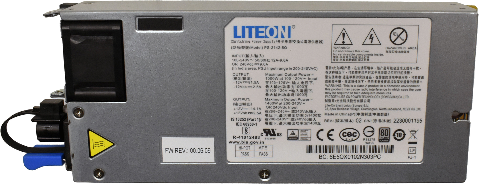 Liteon Power Supply PS-2142-5Q 1400W 80 Plus Platinum for Quanta