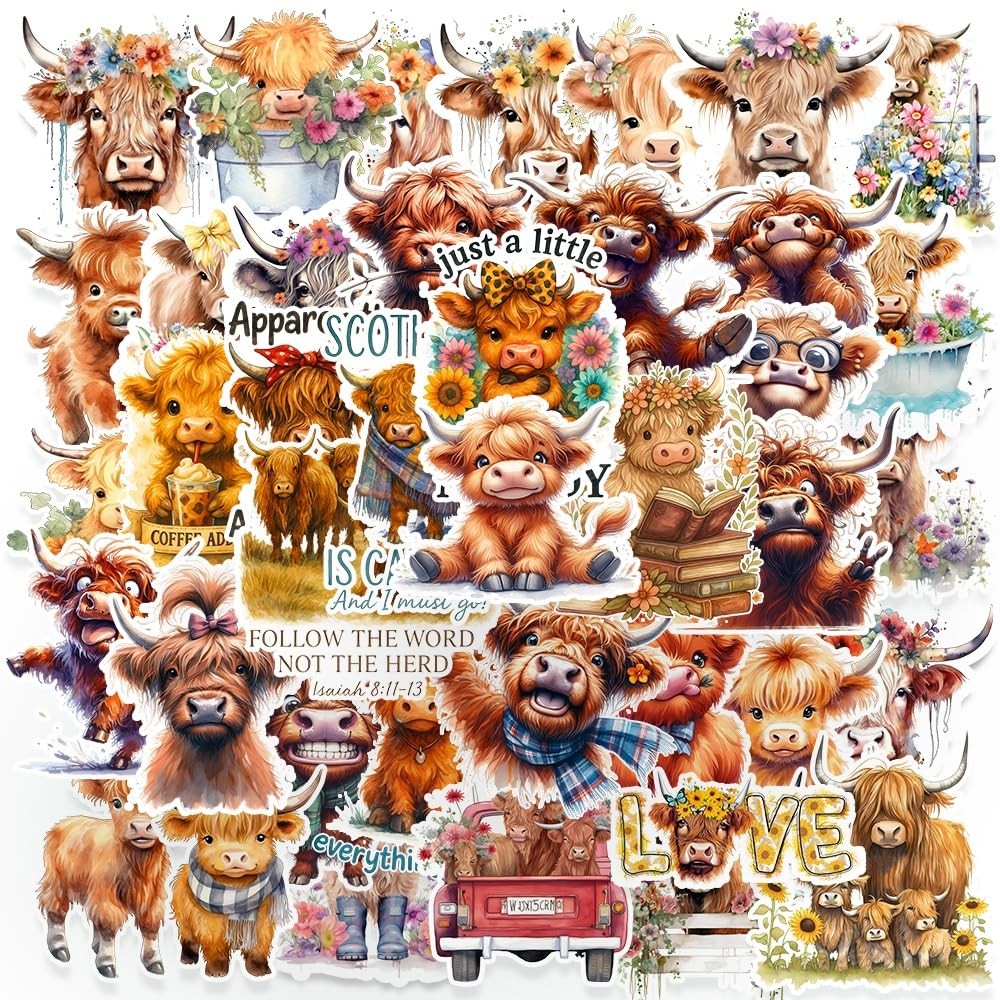 100 PCS Highland Cow Stickers,Funny Highland Cow Stickers,Waterproof Vinyl Decal