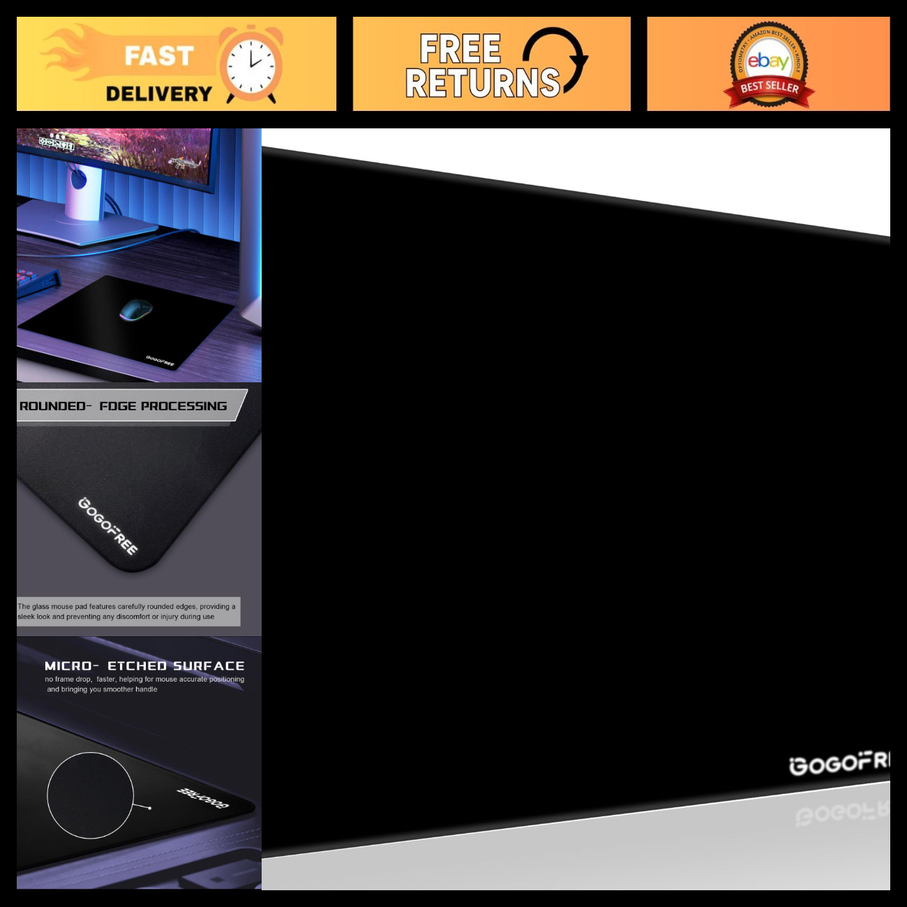 Large Black Glass Gaming Mouse Pad - Ultra Smooth Hard Surface for Precision Con