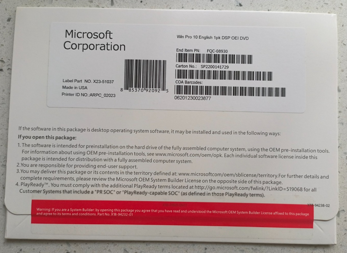 Win 10 Pro 64-bit Installation DVD with Product Key  * Brand New