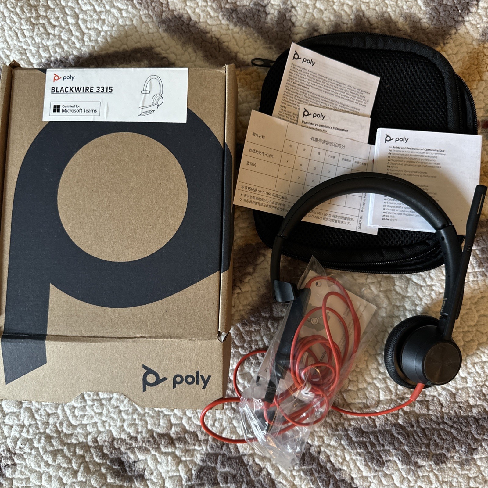 Poly Blackwire 3315 Mono Wired USB Headset Boom Mic Adjustable Black/Red