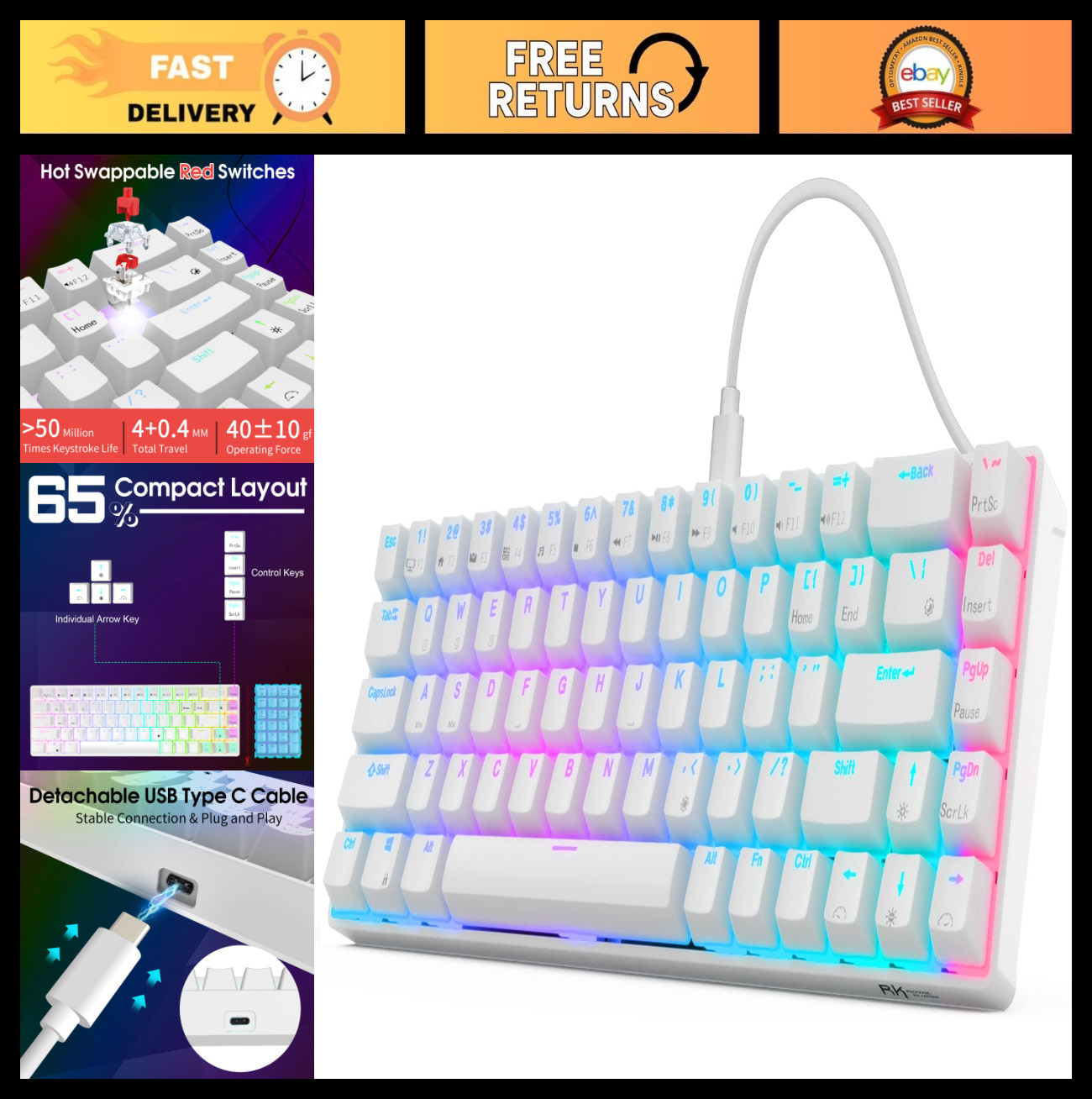 65% Wired Mechanical Keyboard - RGB Backlit, Hot Swappable, Ultra-Compact 68 Key