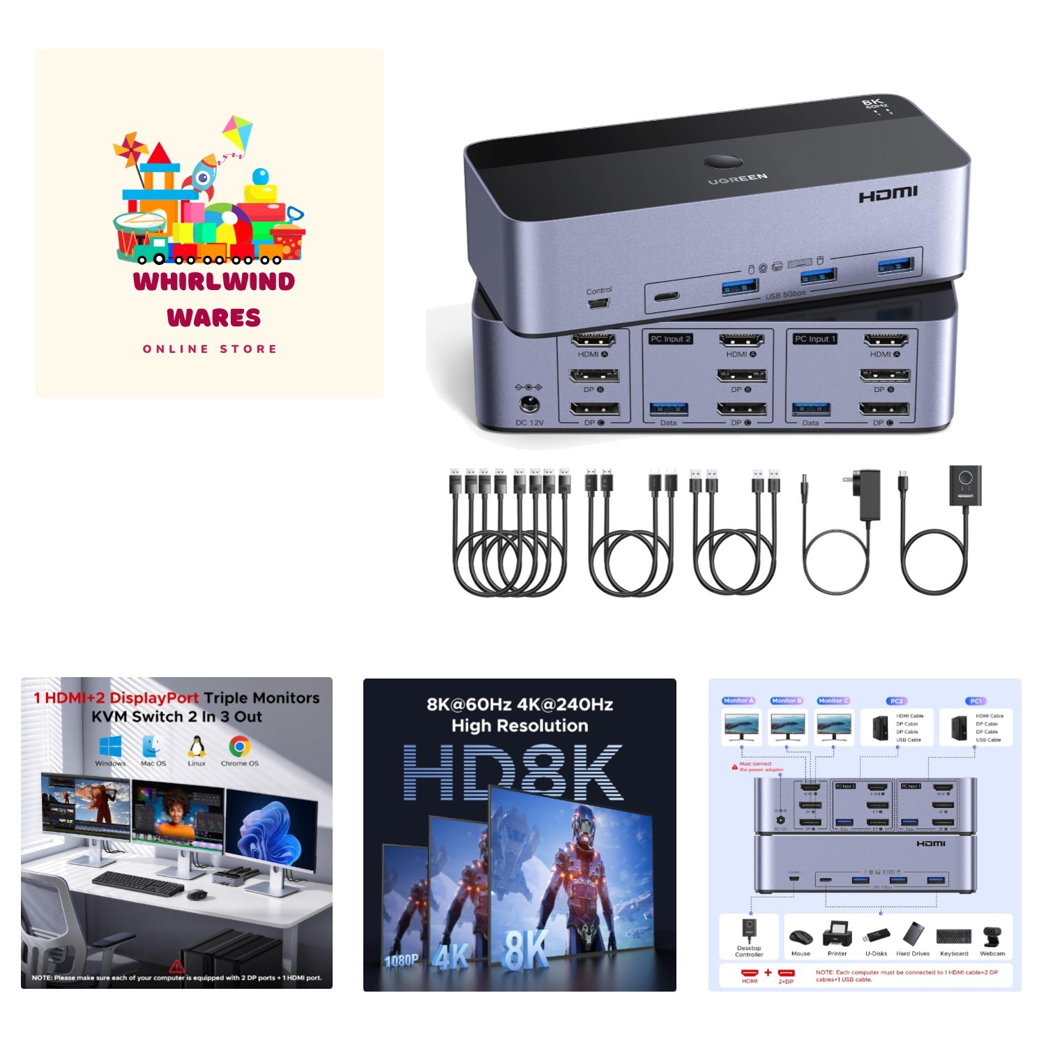 Ultra HD 8K HDMI KVM Switch - Connect 3 Monitors to 2 Computers Effortlessly
