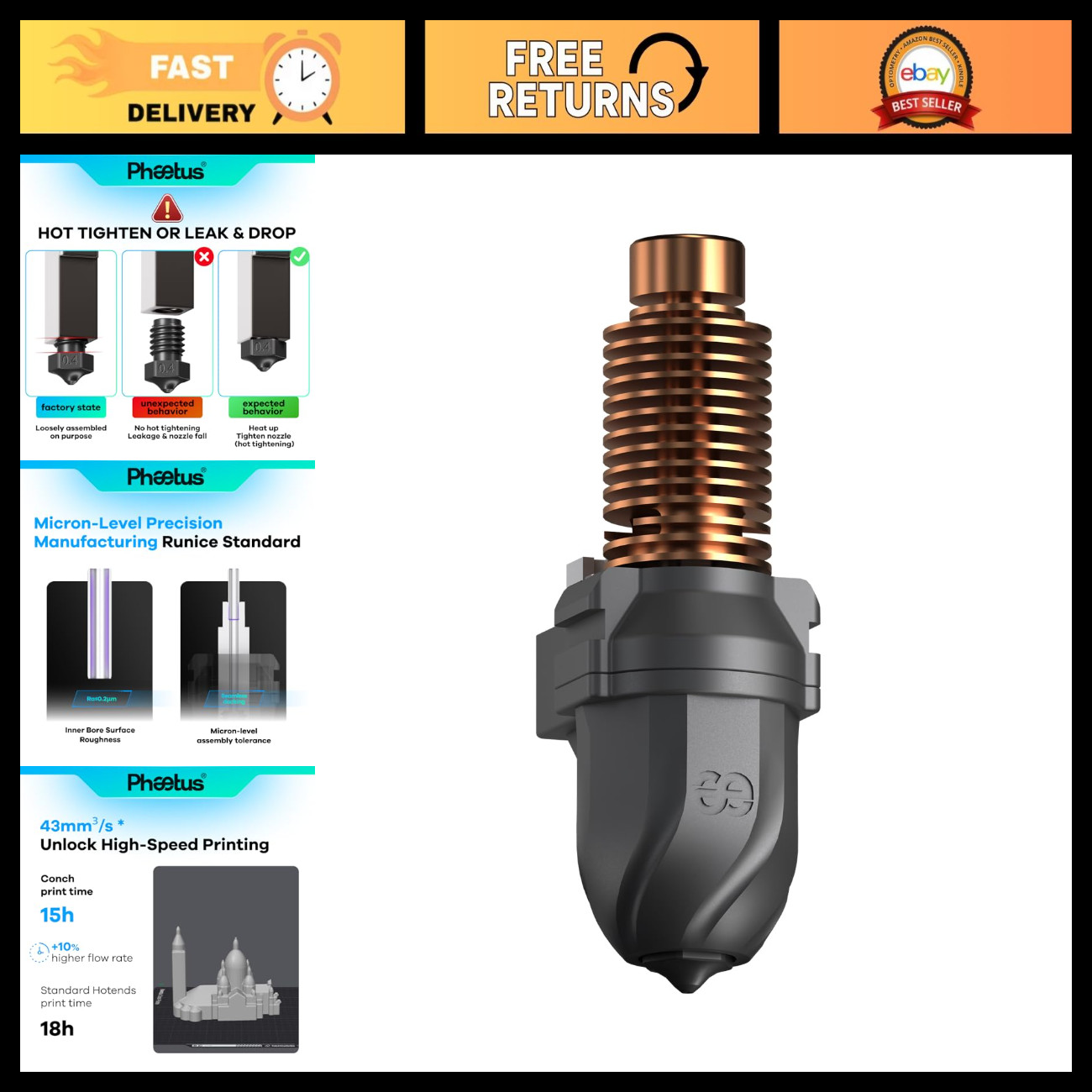 High Flow Hotend for Adventurer 5M/5M Pro - 43mm³/s Conch Upgrade, 3D Printing