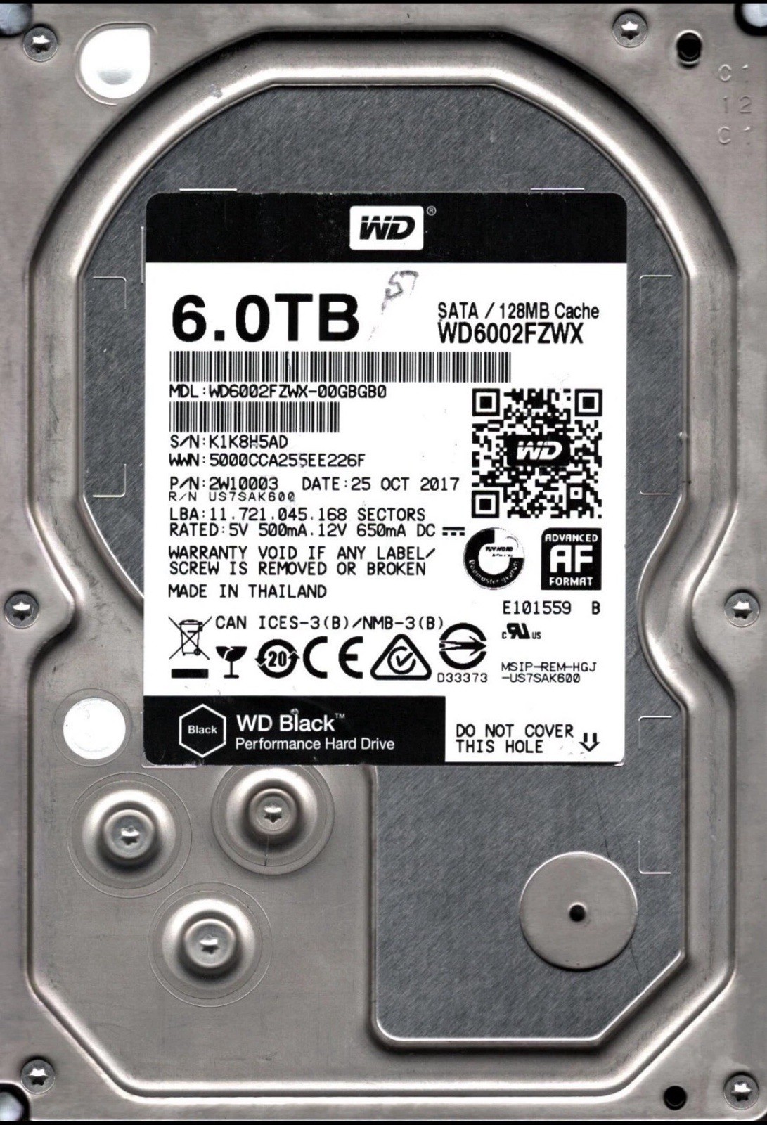 Hard Drive Western Digital BLACK WD6002FZWX 6TB 7200RPM 128MB SATA III 3.5"