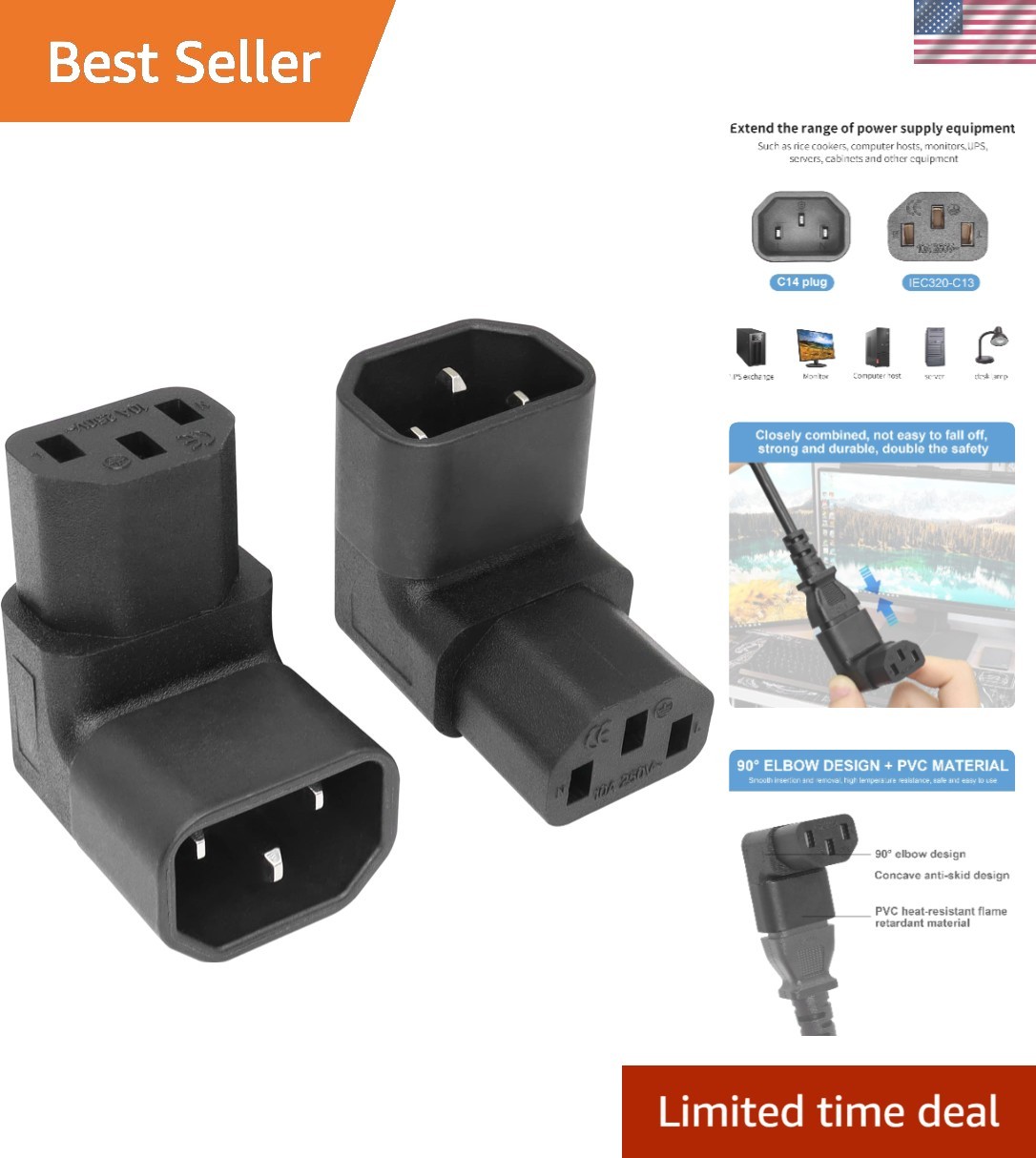 2PCS IEC 320 C14 to C13 90 Degree Down Angled Power Adapter for Space Management