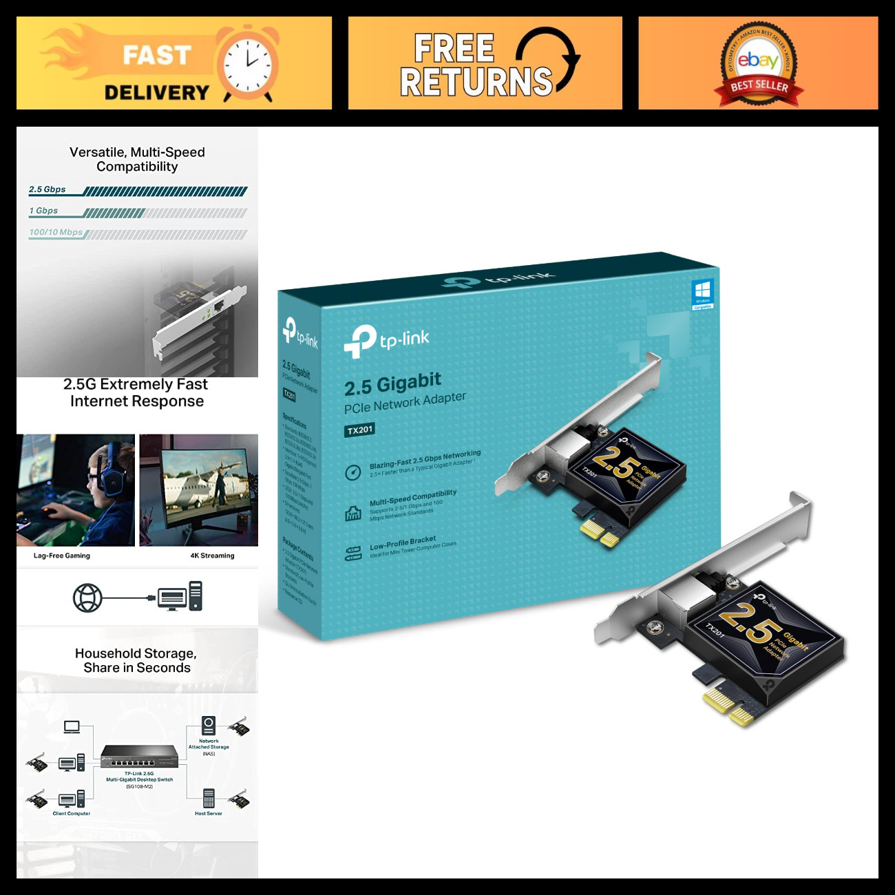 2.5GB PCIe Network Card - High-Speed Ethernet Adapter for Gaming & Streaming