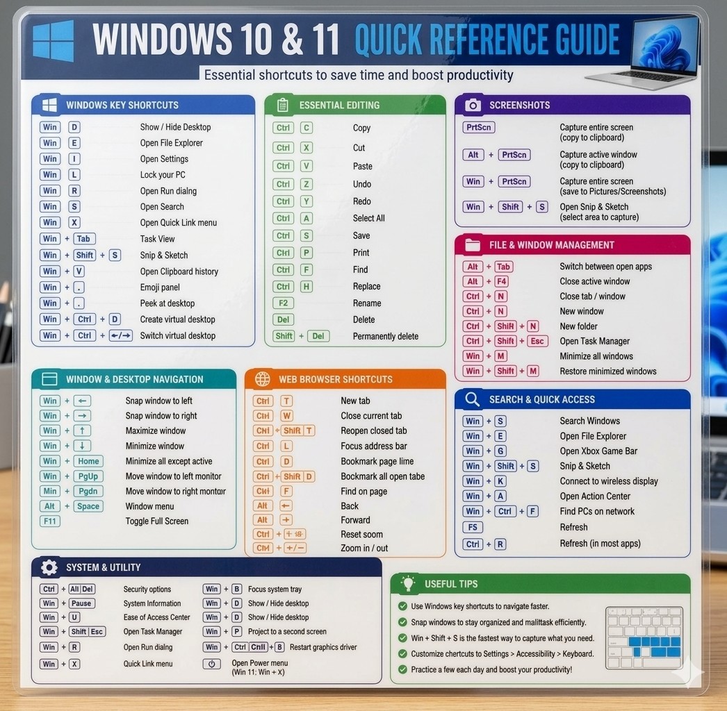Windows 10 & 11 Keyboard Shortcuts Quick Reference Guide (Laminated Cheat Sheet)