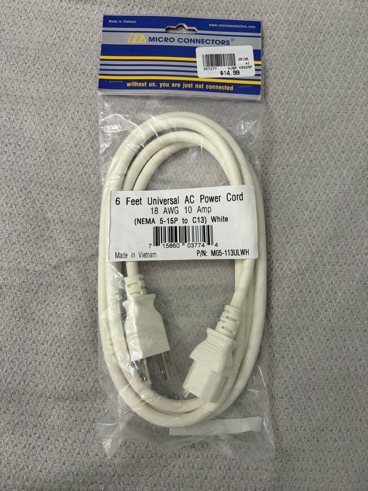 Micro Connectors 6 Ft Universal AC Power Cord 18AWG 10 Amp NEMA 5-15P to C13 NEW