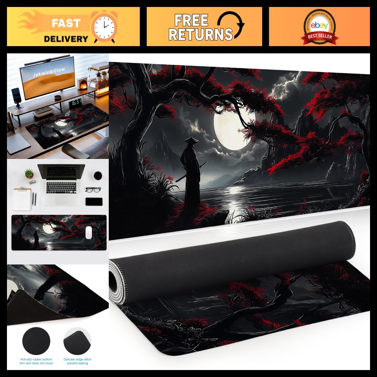 XL Extended Gaming Mouse Pad - Japanese Samurai Design, Non-Slip Rubber Base, 31