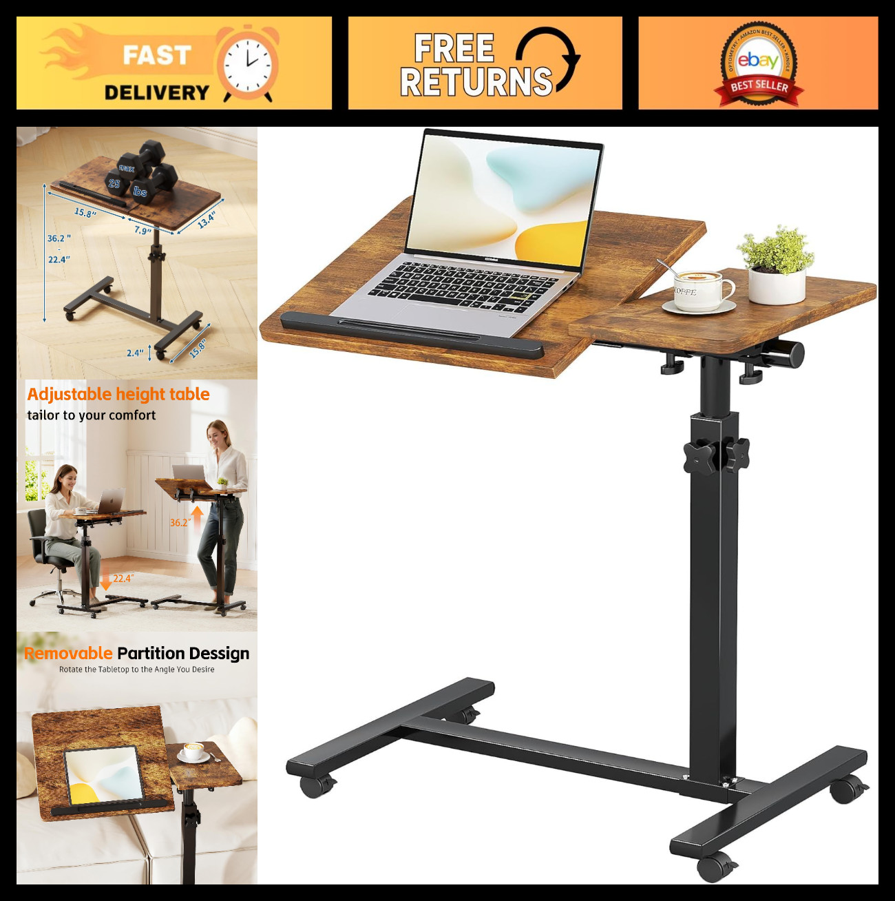 Mobile Rolling Laptop Stand - Height Adjustable Overbed Table with Wheels, Tilti