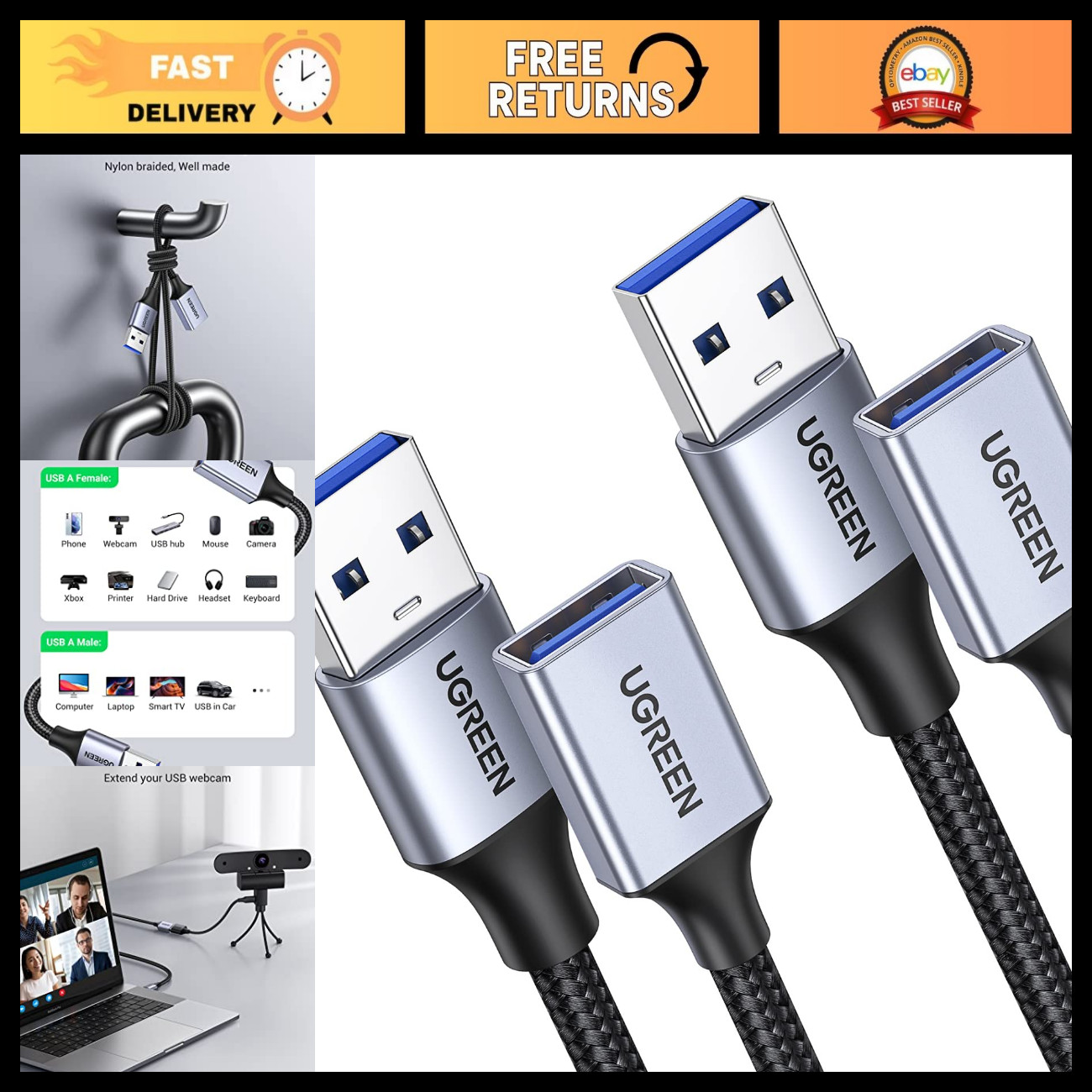 2 Pack 15FT USB Extension Cable, Nylon Braided USB Extender for Webcam, Mouse, P