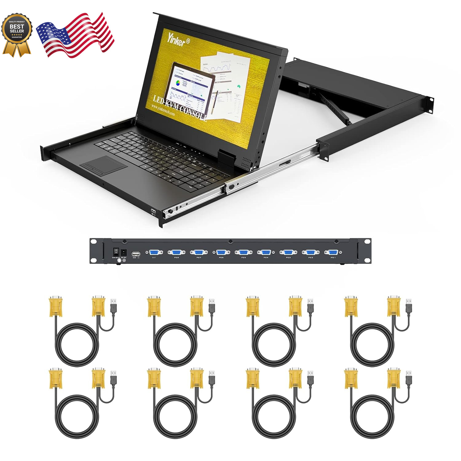 Rack Mount KVM Console 8 Port VGA, Yinker LCD Console Drawer with Keyboard Touc