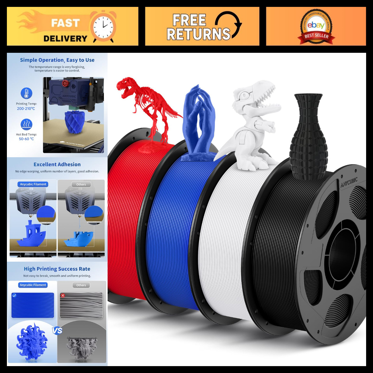 Multicolor PLA 3D Printer Filament Bundle 4KG - High Quality, Easy to Use, Vibra