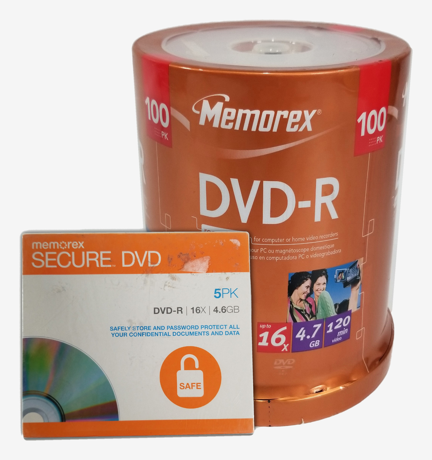 LOT of Memorex 100 pack DVD-R 16x, 4.7GB and 5 pack Secure DVD DVD-R 16x, 4.6GB