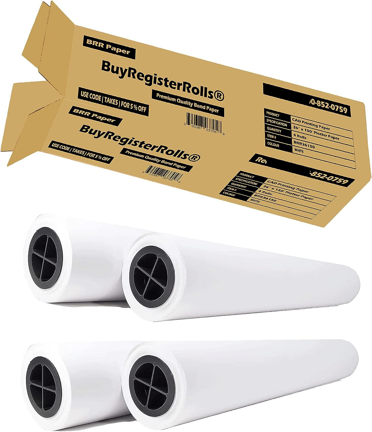 36” x 150'- 4 ROLLS  24lb plotter paper CAD Wide Format Rolls Top Notch Quality