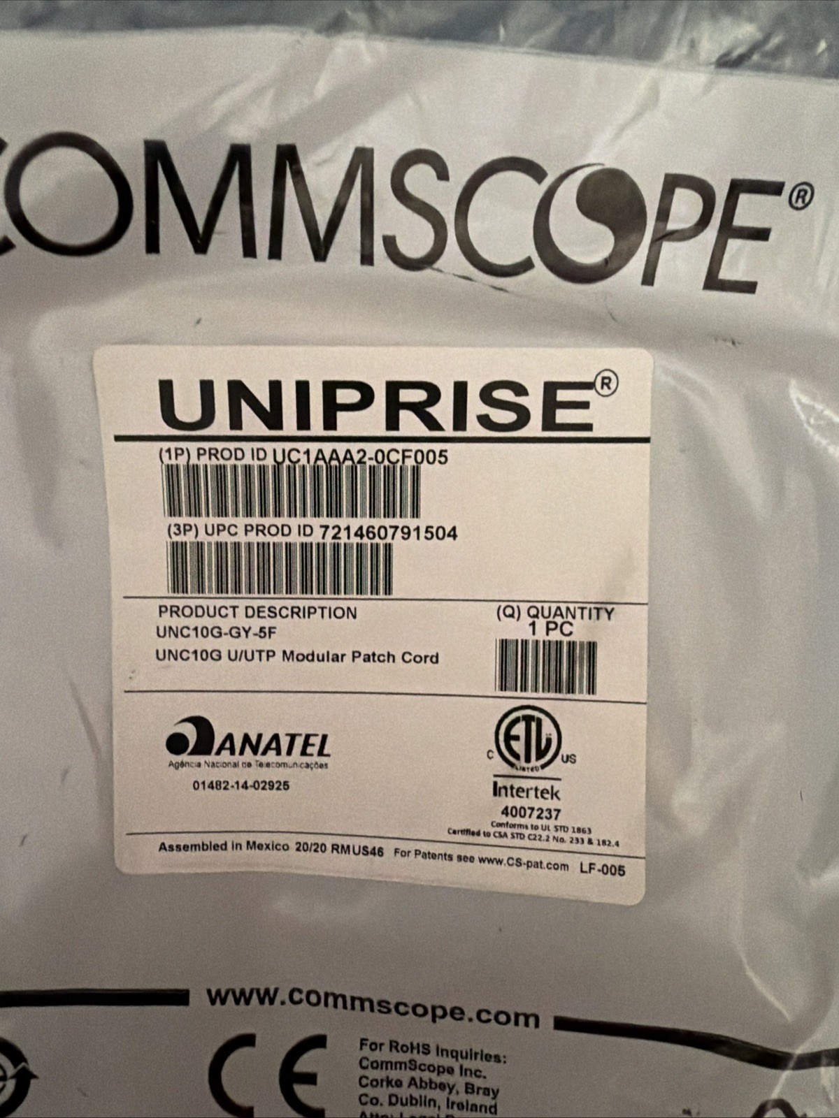 NEW CommScope Uniprise Cat6 Patch Coax Cable 5ft UC1AAA2-0CF005