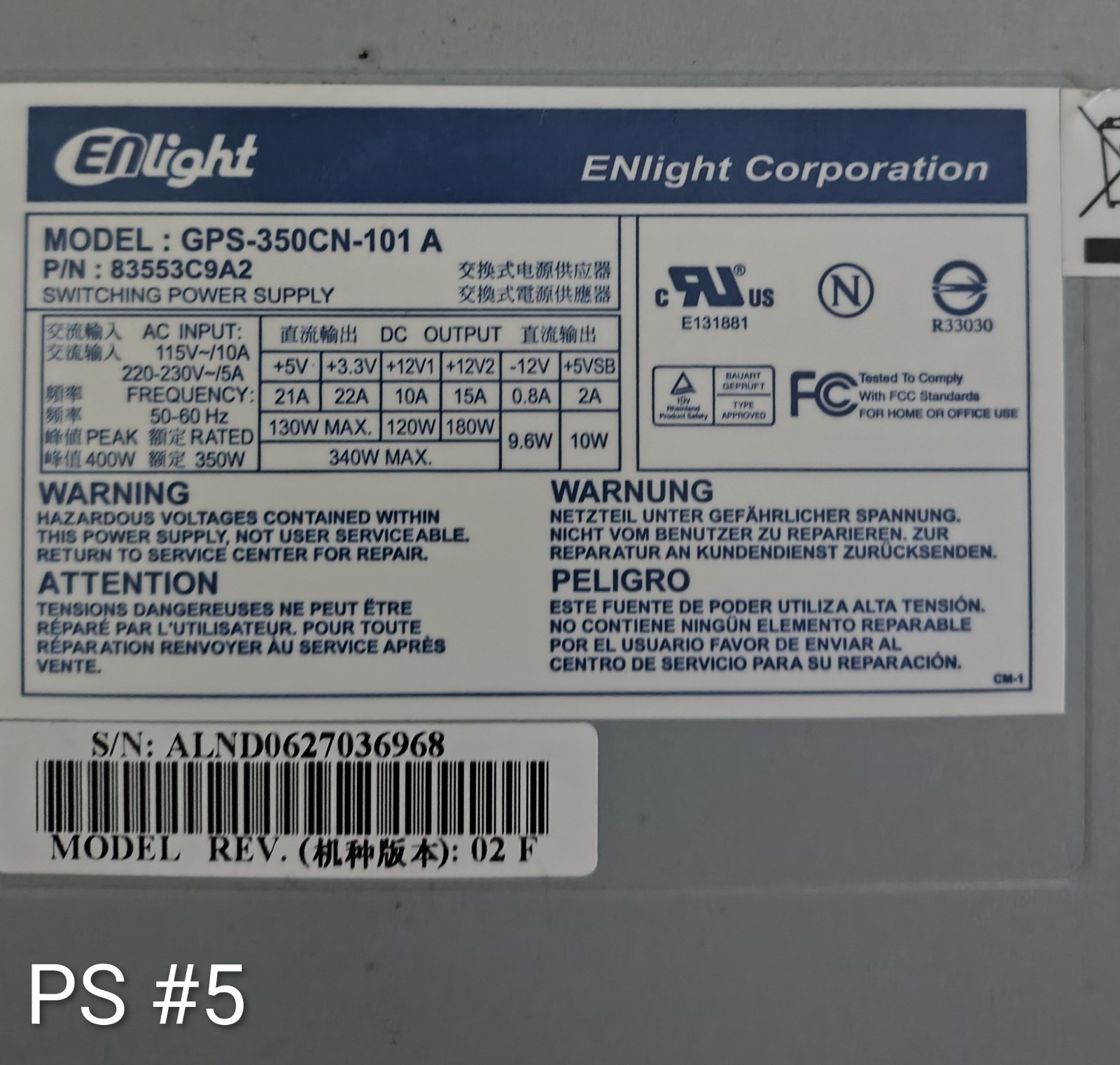 Enlight PS05 350W GPS-350CN-101 A 20+4 PIN 1 SATA PC Power Supply