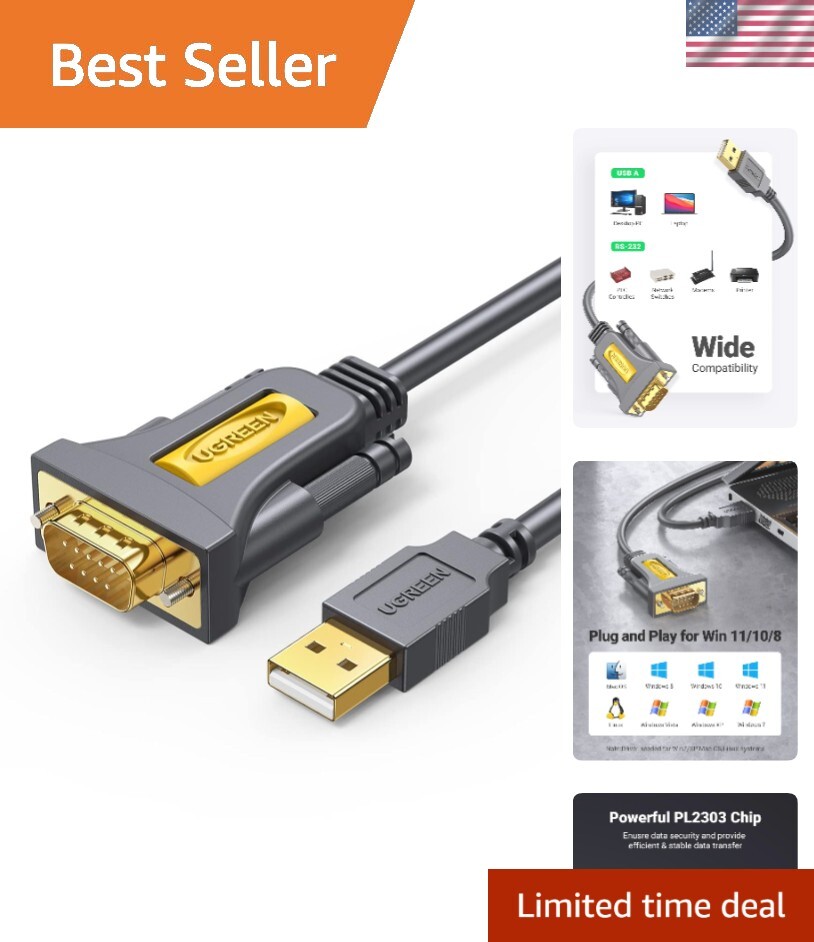 High-Speed 10ft USB to Serial Adapter - DB9 Male RS232 for Multiple Devices