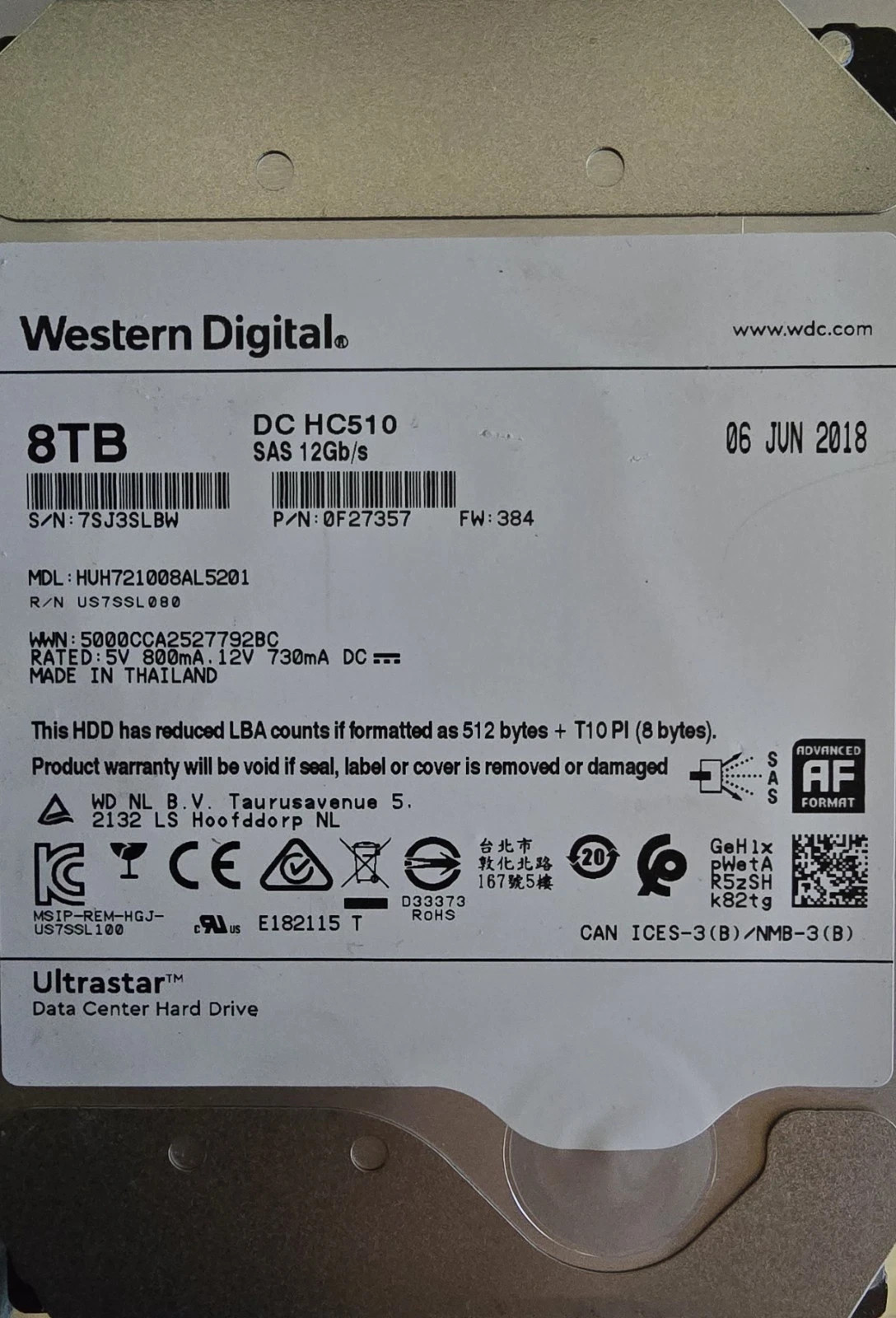 HGST 8TB SAS 12Gb/s 7.2K 3.5" Hard Drive 0F27357 HUH721008AL5201