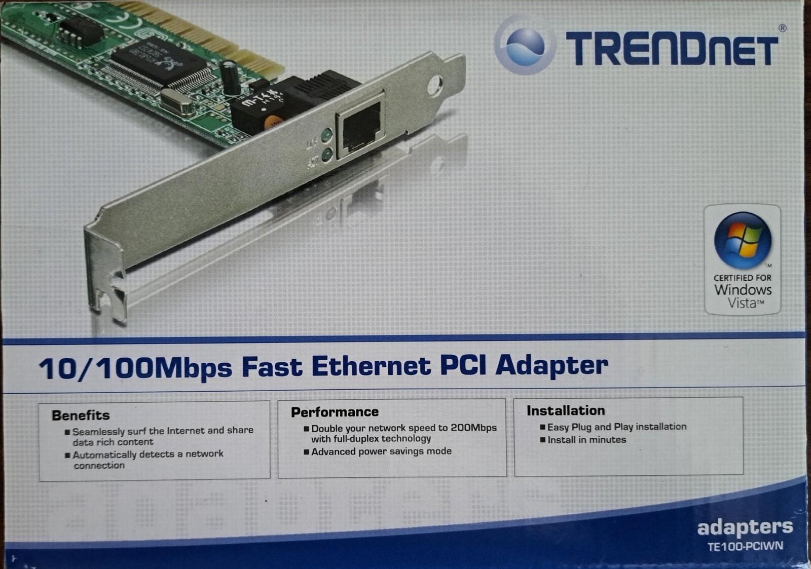 Trendnet PCI Adapter Ethernet TE100-PCIWN 10/100Mbps H/W:2.2R New In Box