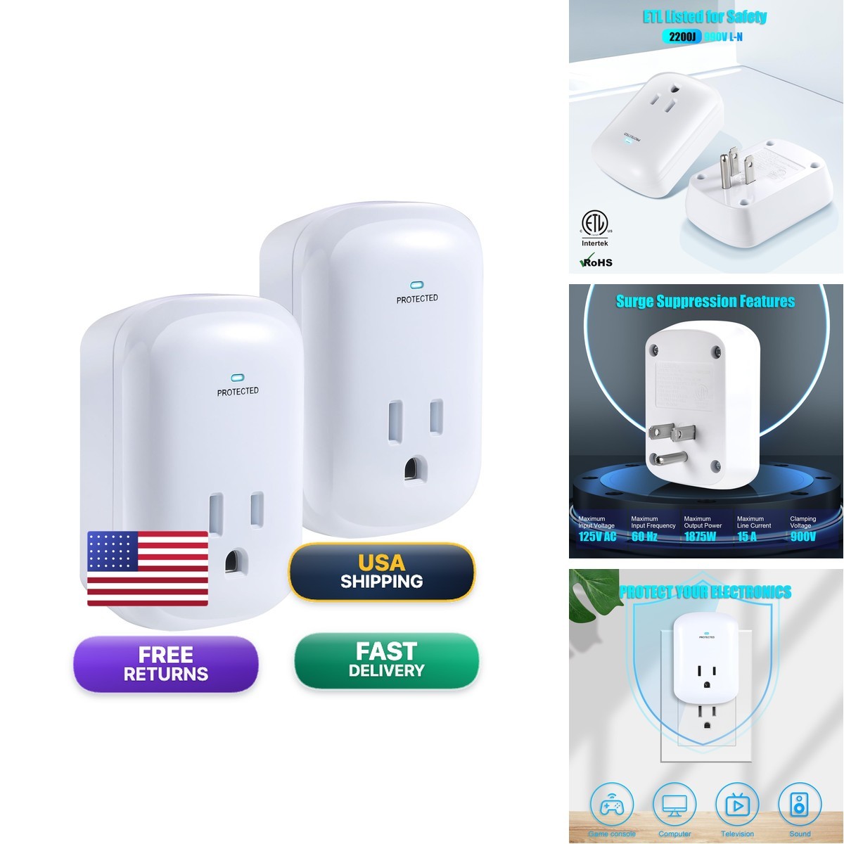 Single Surge Protector Plug, FiiMan ETL Listed Grounded Outlet Wall Tap Adapter