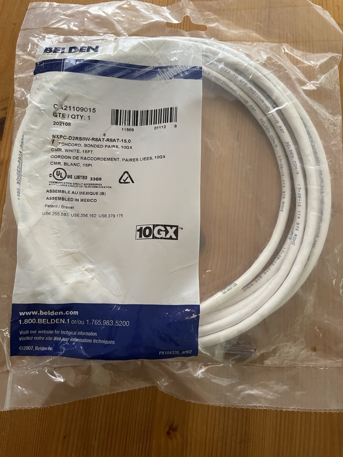 Belden CA21109015 Cat 6A 15Foot White Bonded Pair Patch10GX Cable New