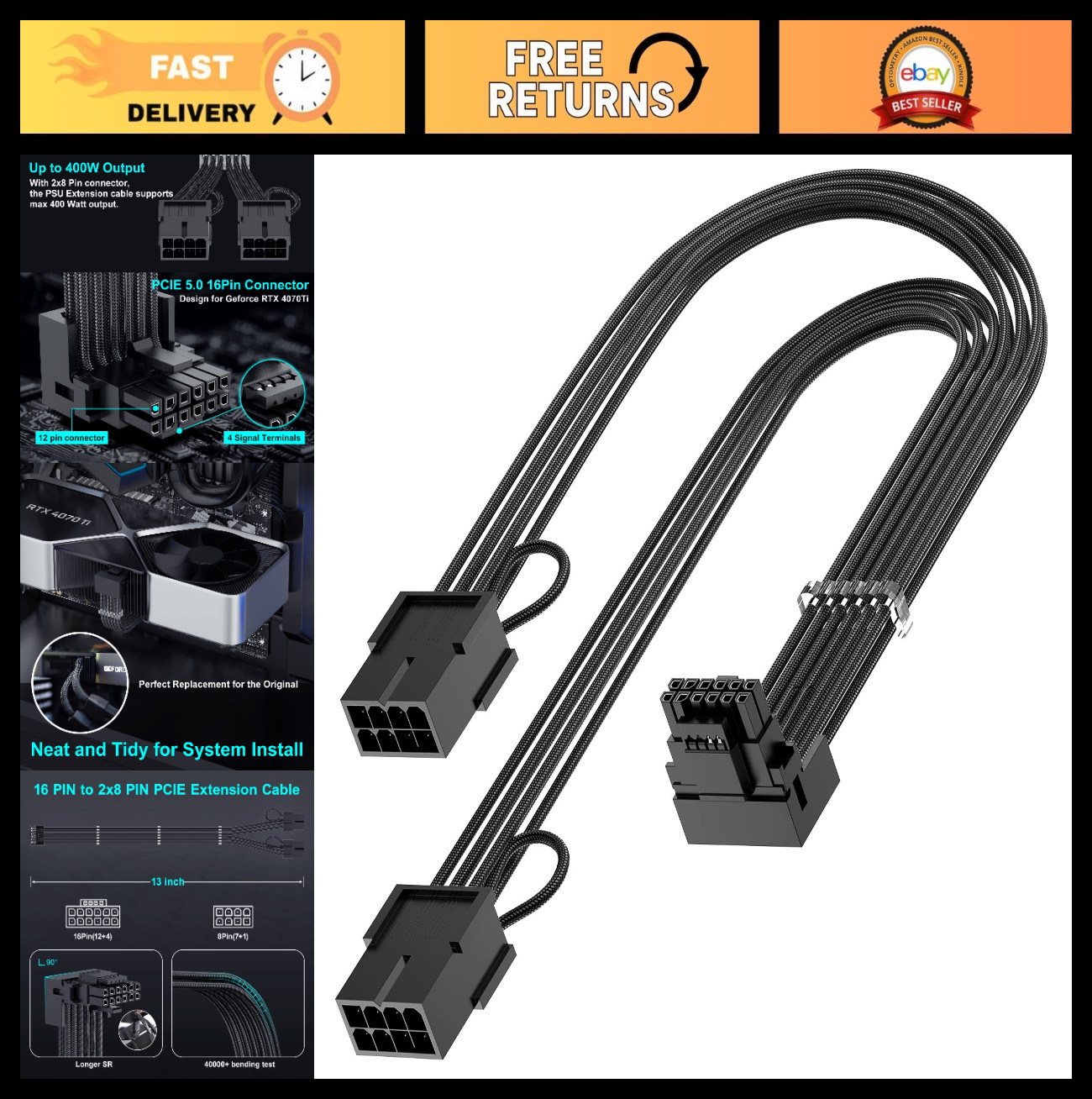 16Pin GPU Power Adapter Cable 90° Right Angle, PCIE 5.0 16Pin to 2x8Pin Extensio