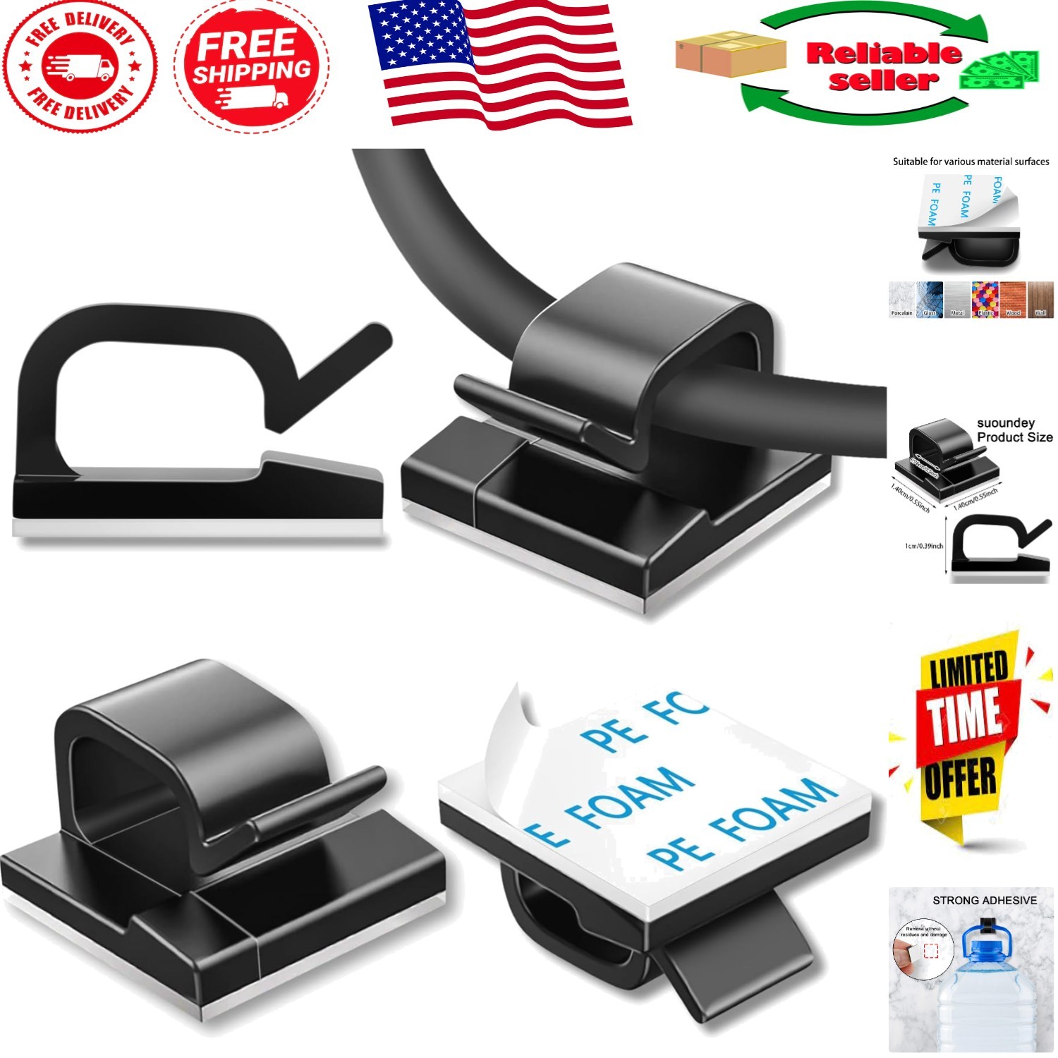 Versatile Black Cable Clips: 100 Pcs Ideal for Organizing Cords at Home & Office