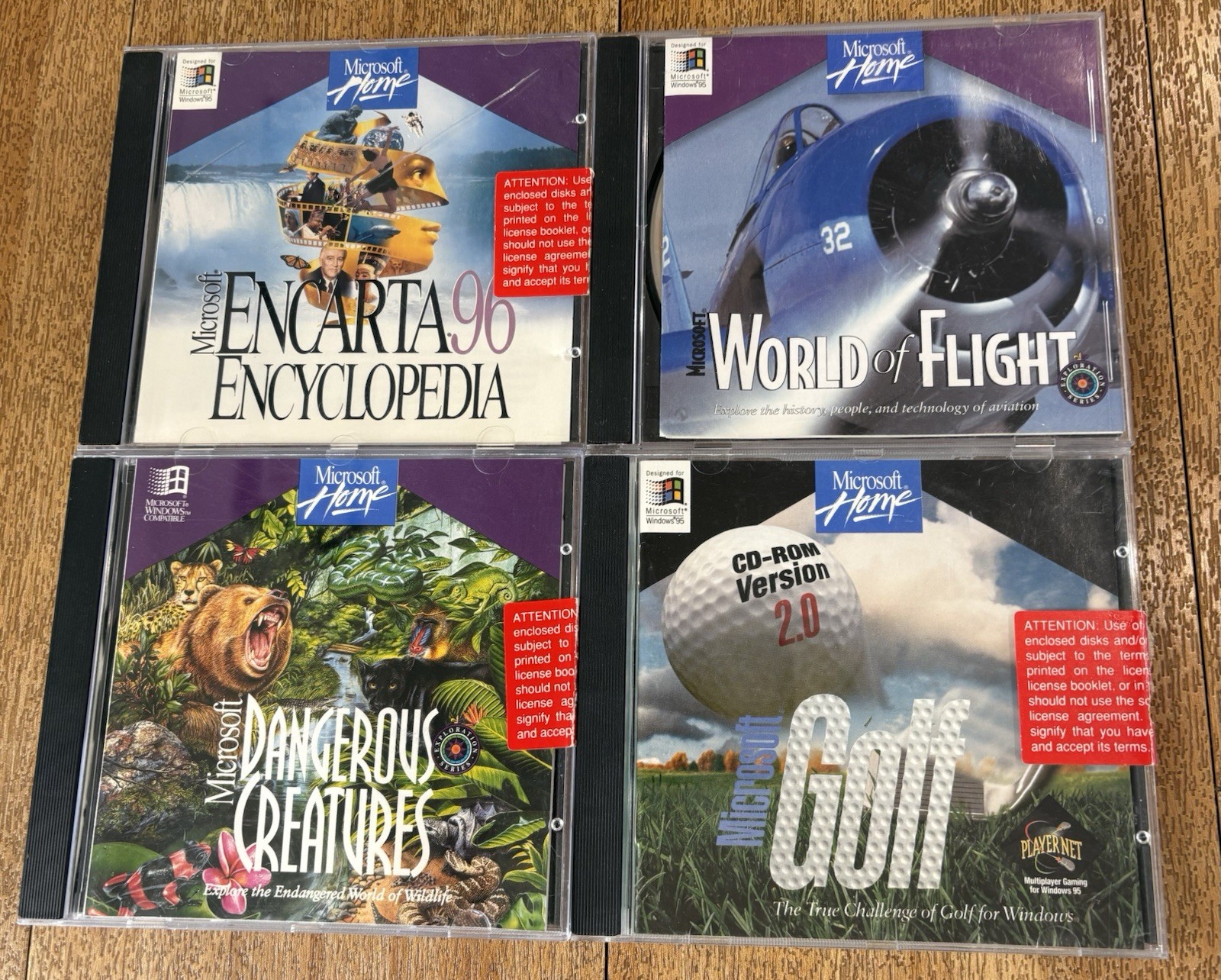 Microsoft Home CD Lot Encarta 96 World Of Flight Dangerous Creatures Golf 2.0