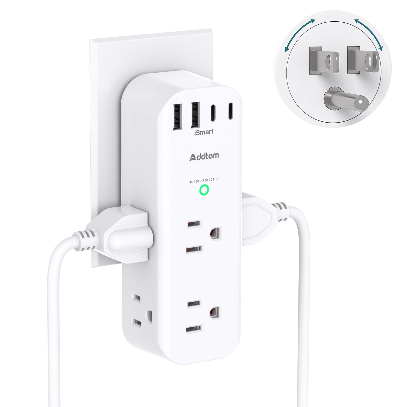 Wall Outlet Extender 10-in-1 Surge Protector Multi Plug with 2 USB C Ports White