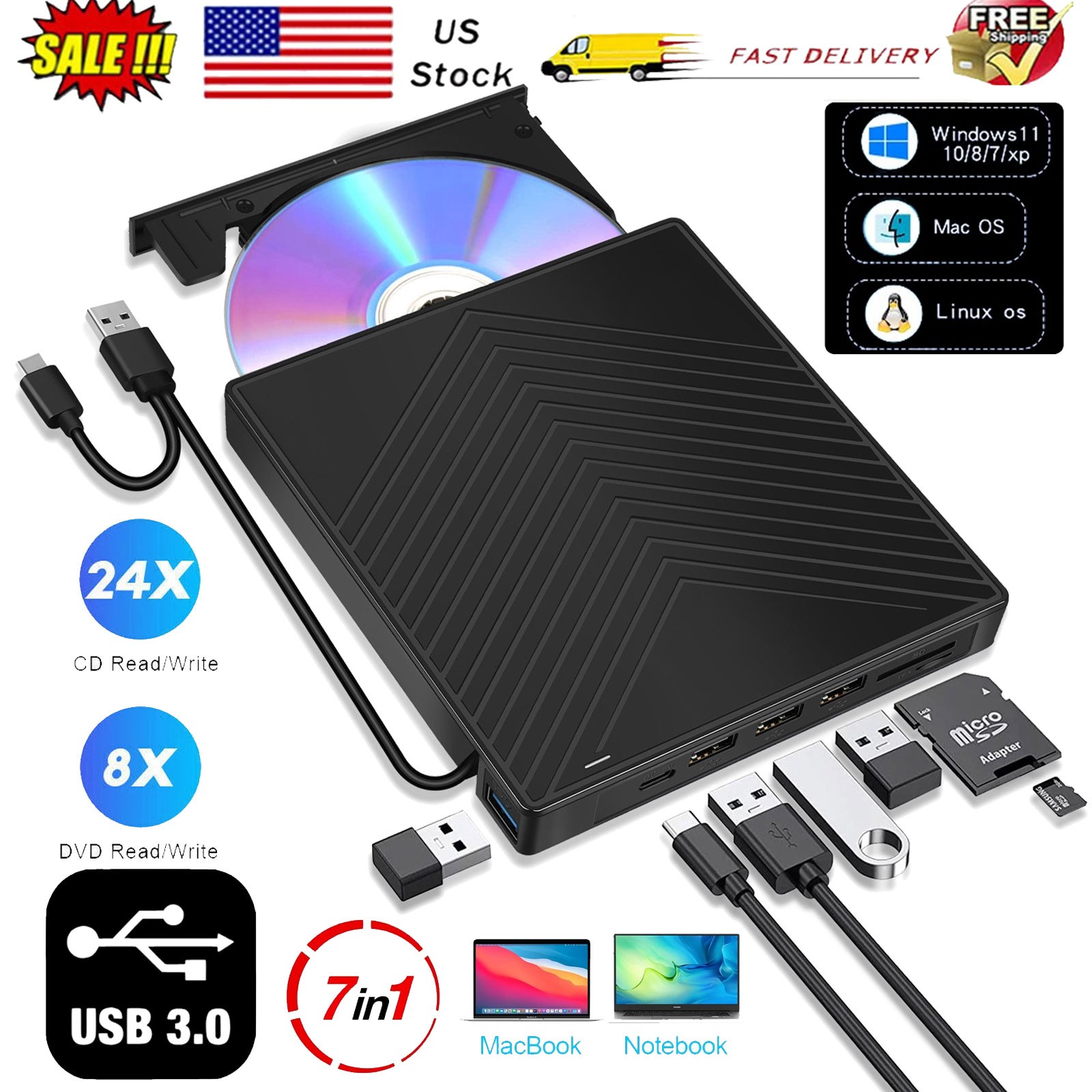 7in1 External USB 3.0 DVD CD RW Writer Drive Burner Reader Player For Laptop PC
