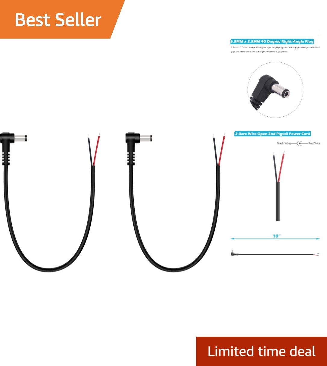 Durable 2-Pack DC Power Pigtail Cable 90 Degree Right Angle for Easy Repairs