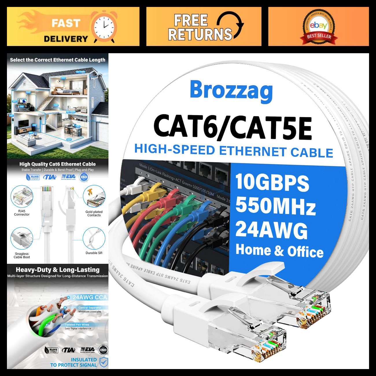 50ft Ethernet Cable Cat6/Cat5E 10Gbps High Speed Snagless Network Cord RJ45 for