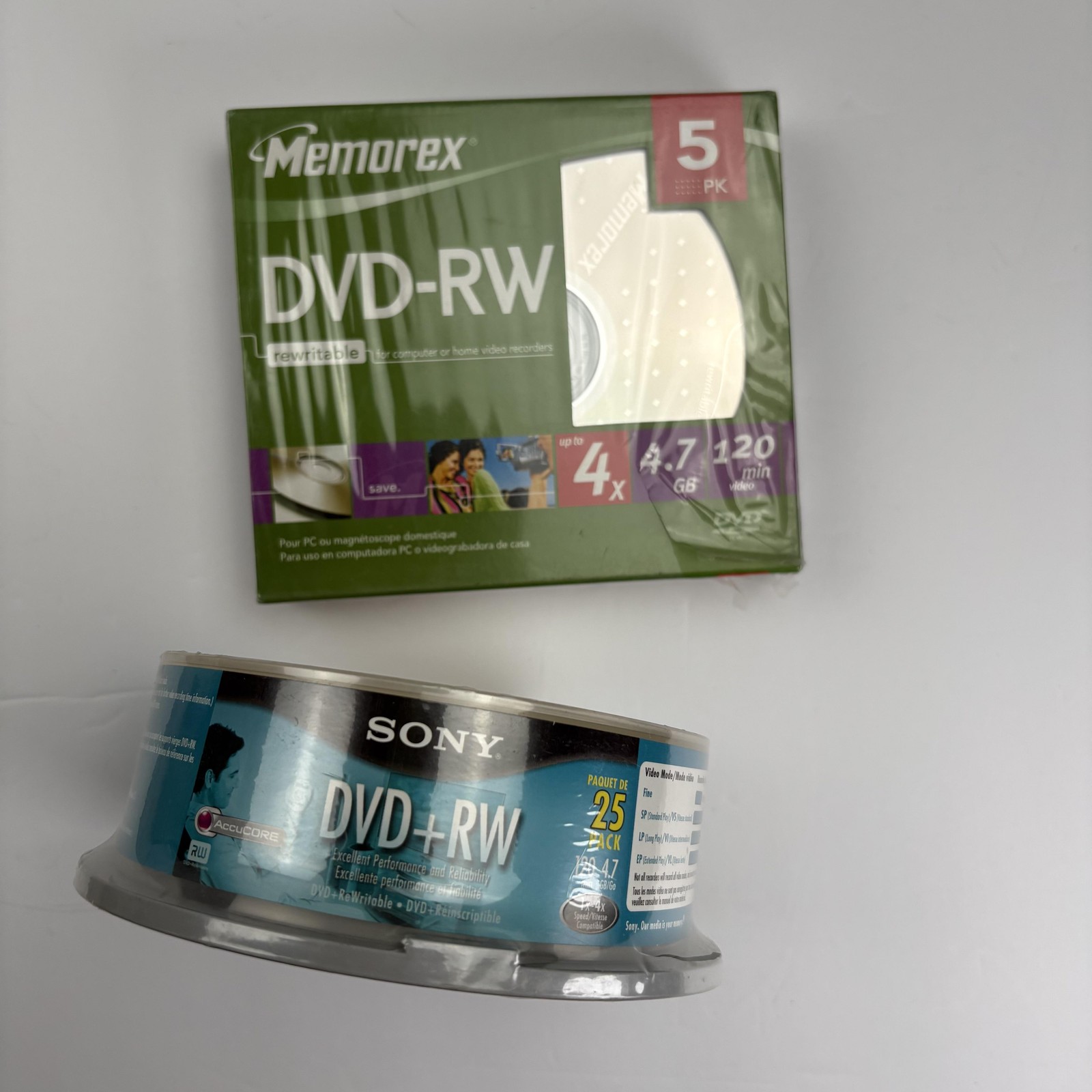Memorex DVD-RW 5 Pack 4x 4.7GB 120min + Sony DVD+RW 25 Pack 4.7GB AccuCORE