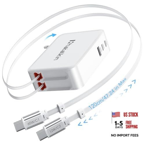 65W for MacBook Pro Charger,5-in-1 Retractable Wall Dual Type C Cable-White