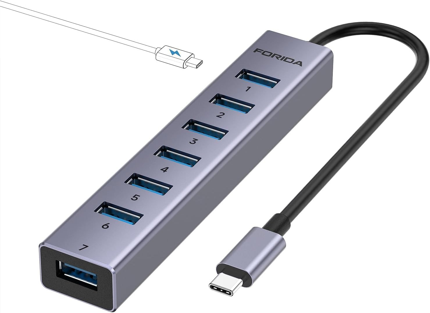 FORIDA USB C Hub-8 Port USB HUB with 7 USB3.0 Data Ports,Aluminum Alloy USBC Spl