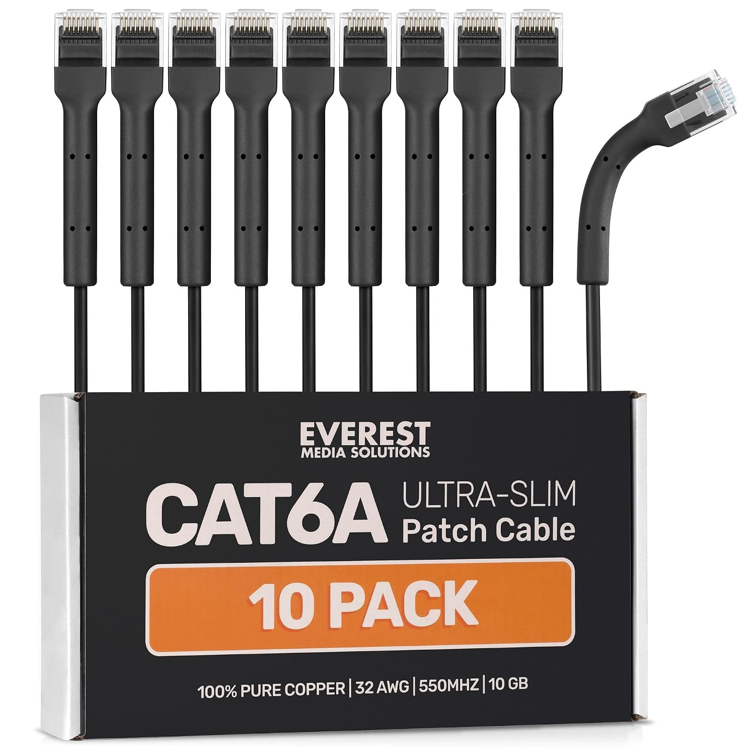 Everest Ultra Slim Cat6A Ethernet Patch Cables 1Ft (10-Pack) Black