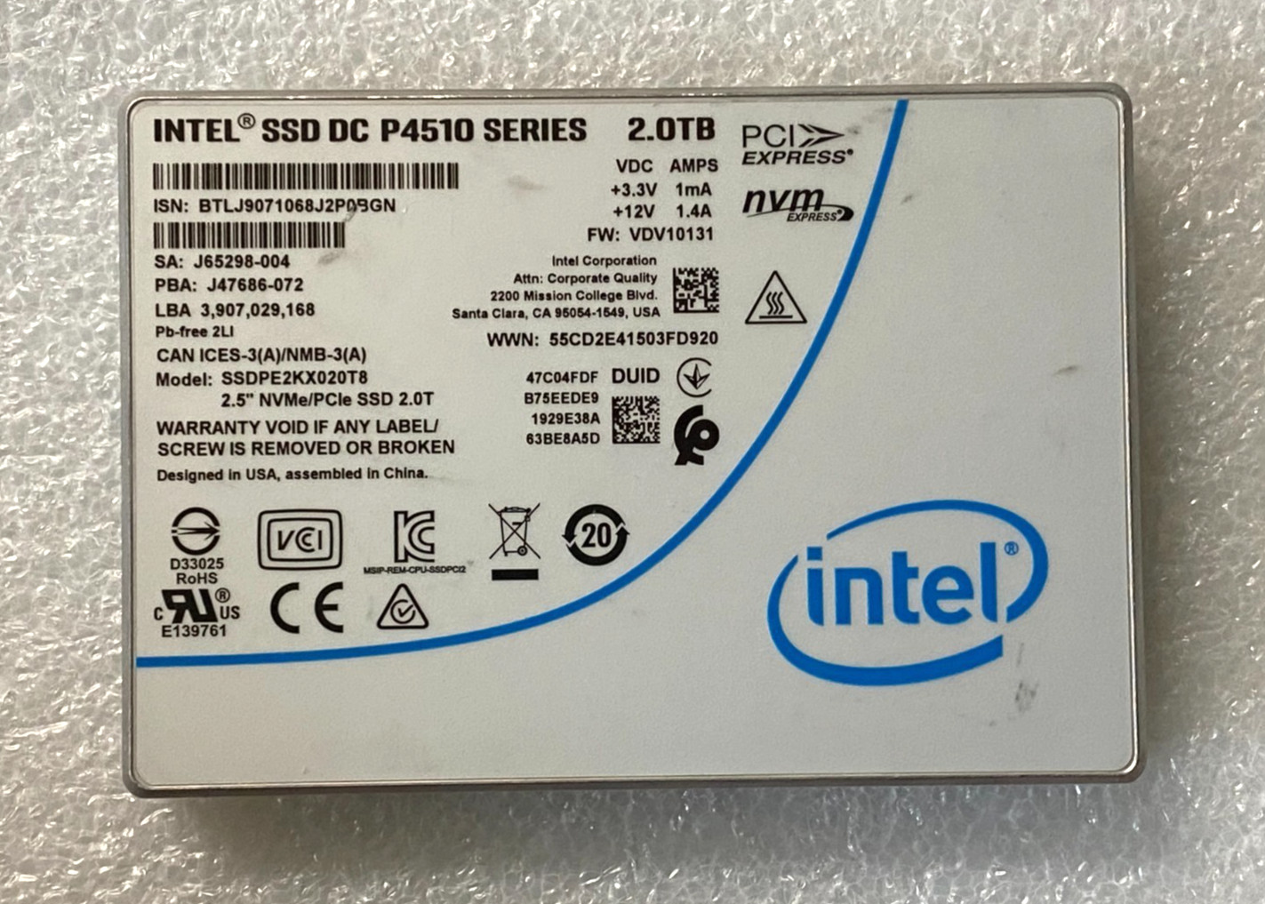 Intel DC P4510 SSDPE2KX020T8 2TB NVMe PCIe 2.5" Solid State Drive *100% HEALTH*