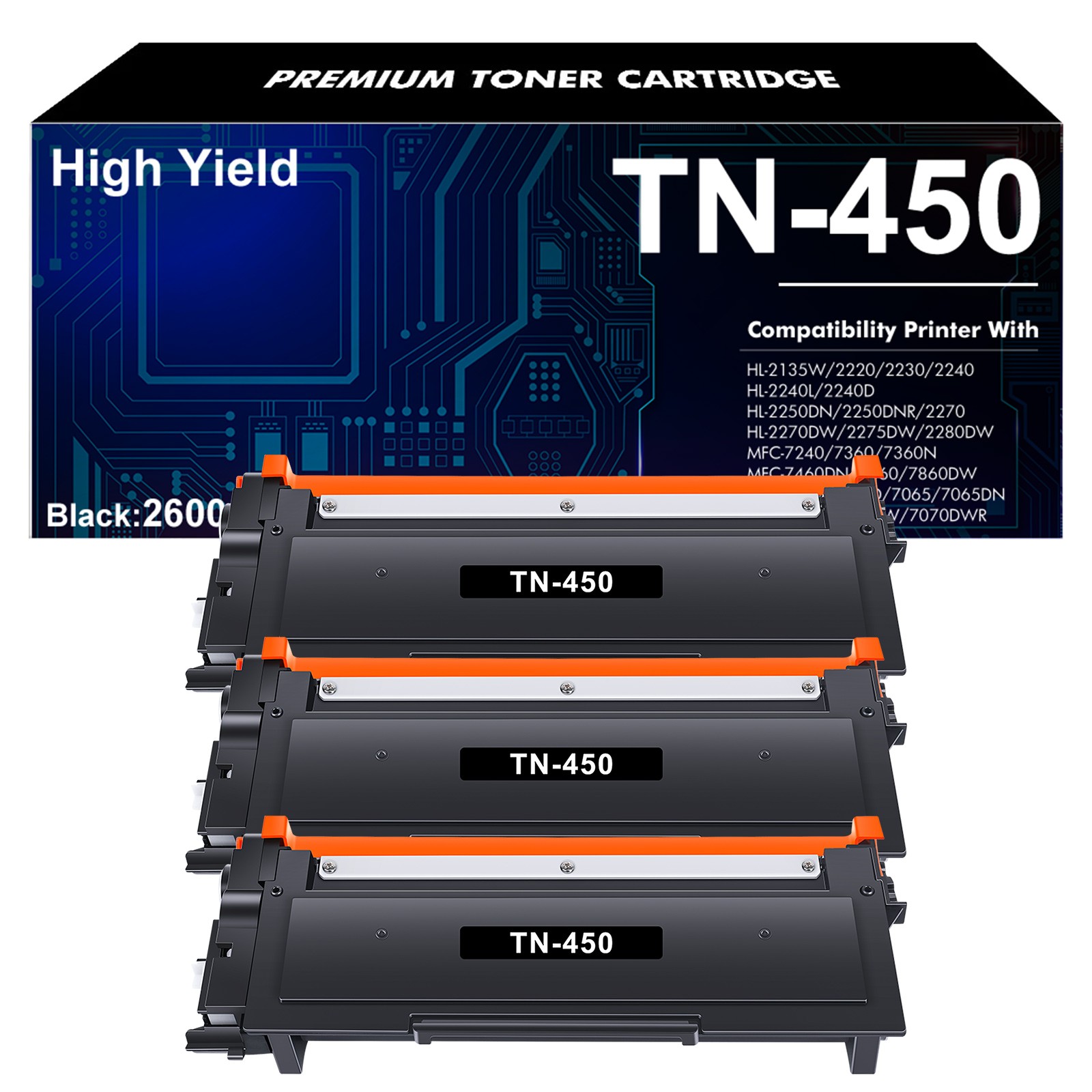 3PK TN450 Toner Cartridge for Brother TN420 450 Hl-2220 2240 2270DW MFC-7360N