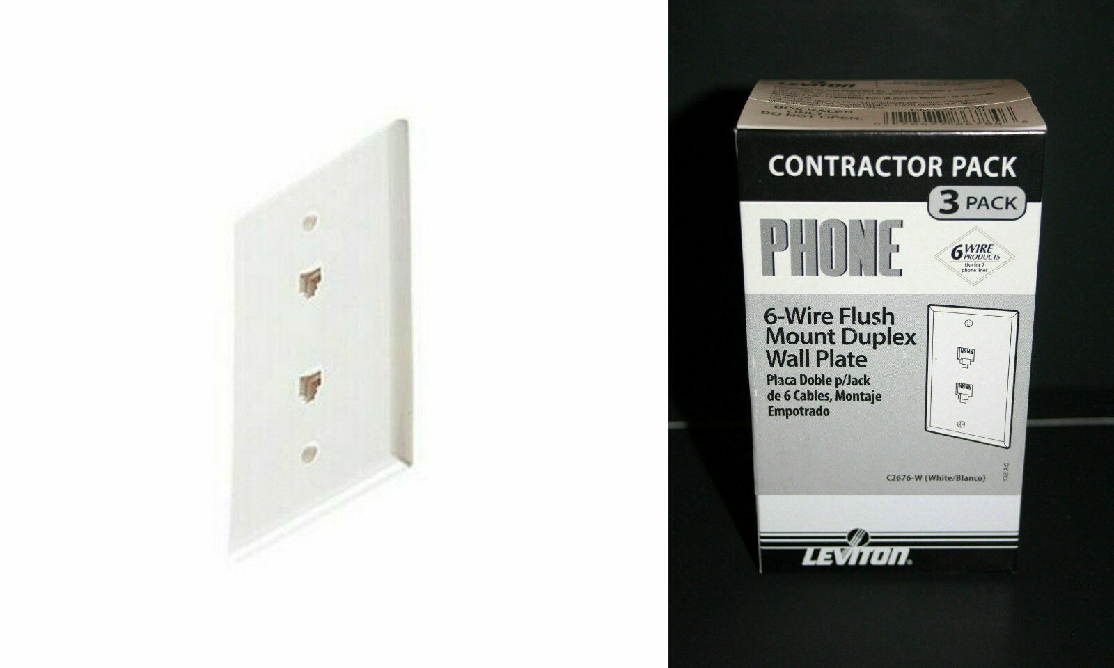 Leviton C2676-W 6-Wire Flush Mount Double Phone Jack Wall Plate, White, 3 PACK