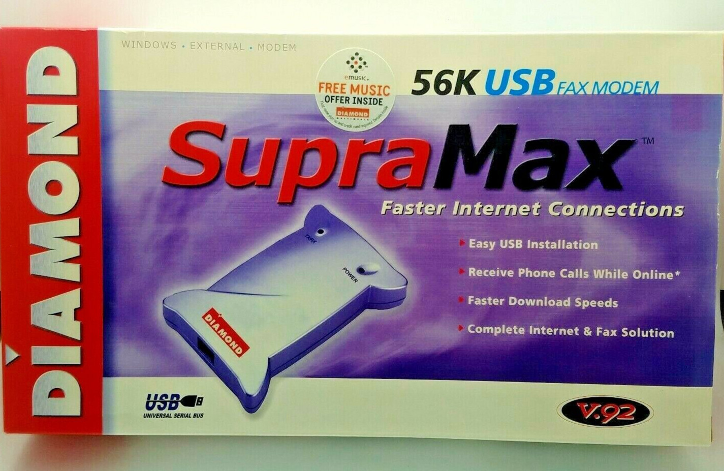 Diamond SupraMax 56K USB External Fax New Open Box Modem # SM56USBSL