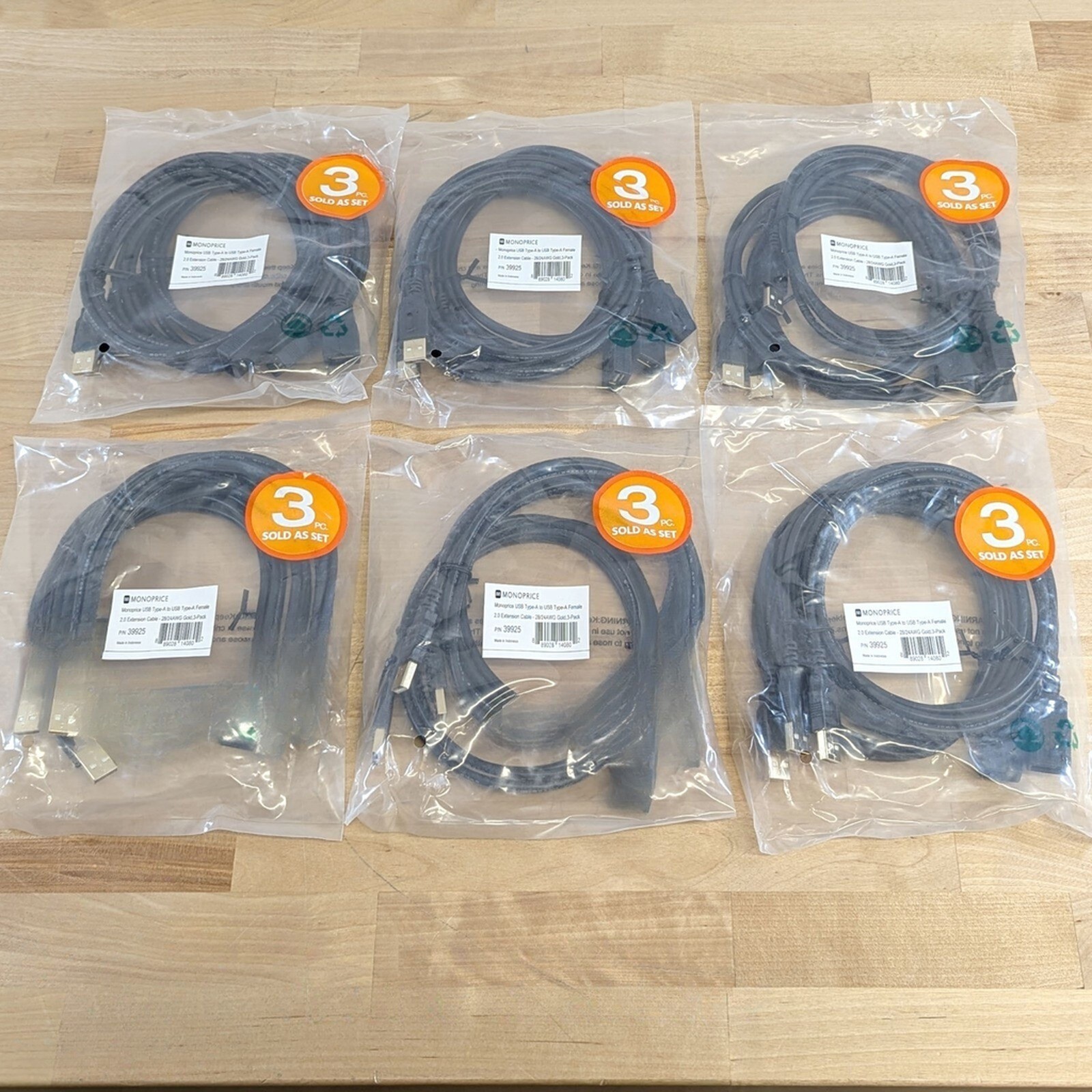 Lot of 6 Monoprice USB 2.0 Type-A Male to Female Extension Cables 3-Pack