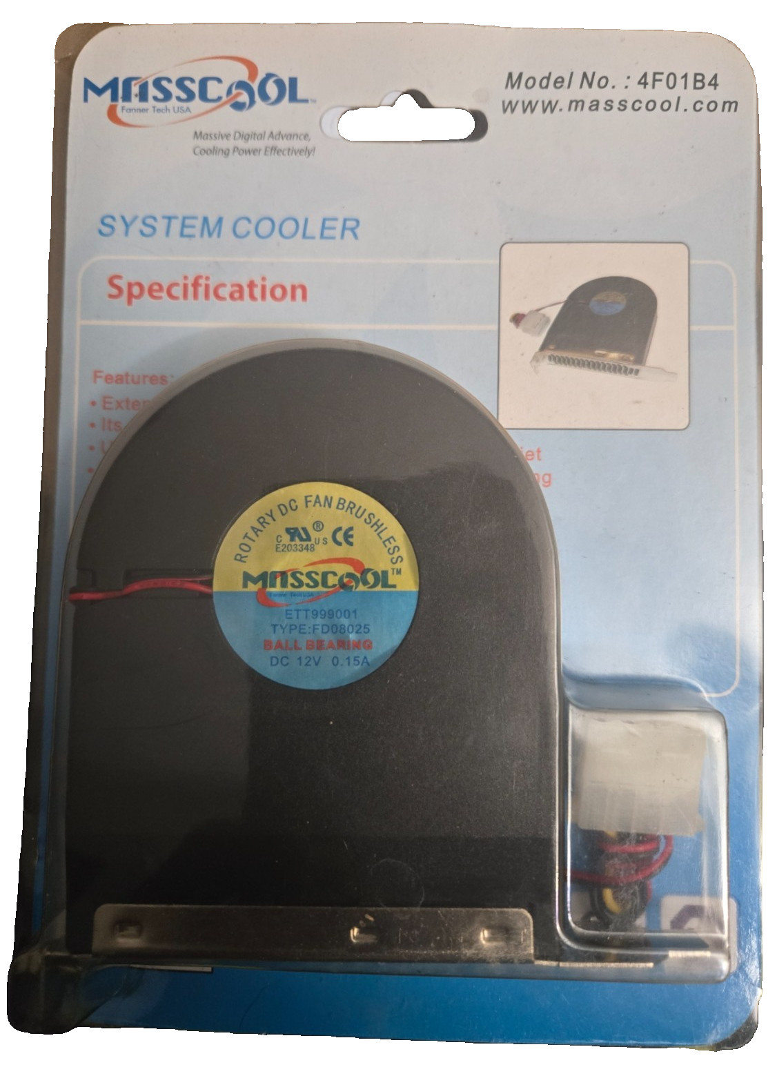 New: Masscool System Cooler Model No. 4F01B4 Ball Bearing DC 12V