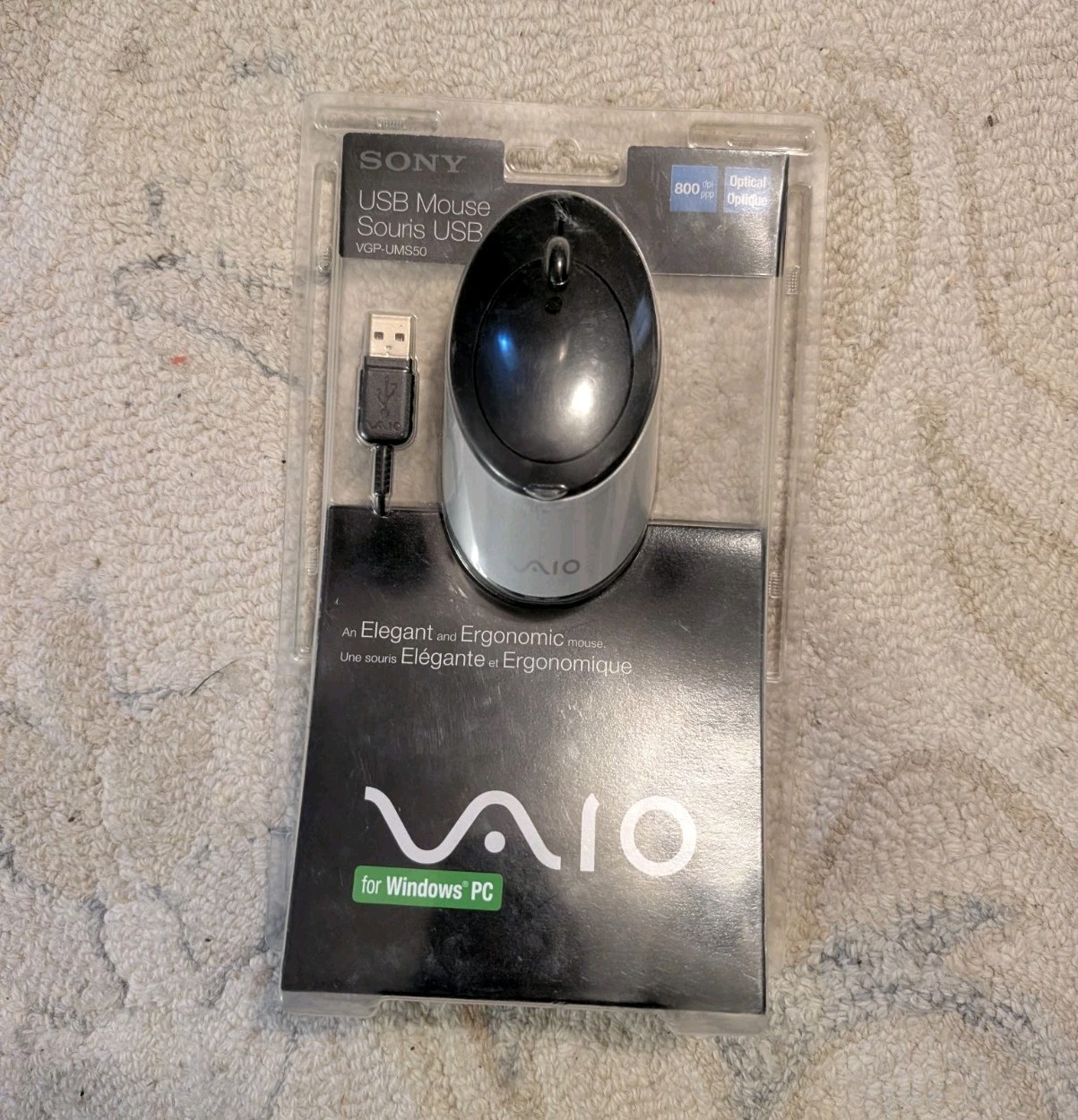 Sony VAIO VGP-UMS50 USB Optical Mouse 800 DPI Silver Black Open Box Vintage