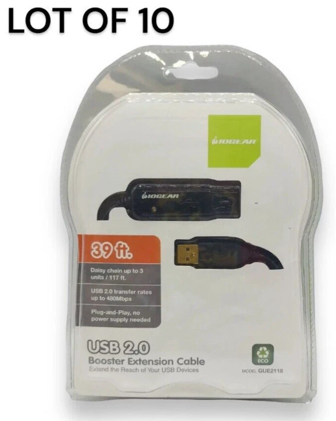 LOT OF 10 IOGEAR GUE2118 39ft. USB 2 Booster Extension Daisy Chain Plug And Play